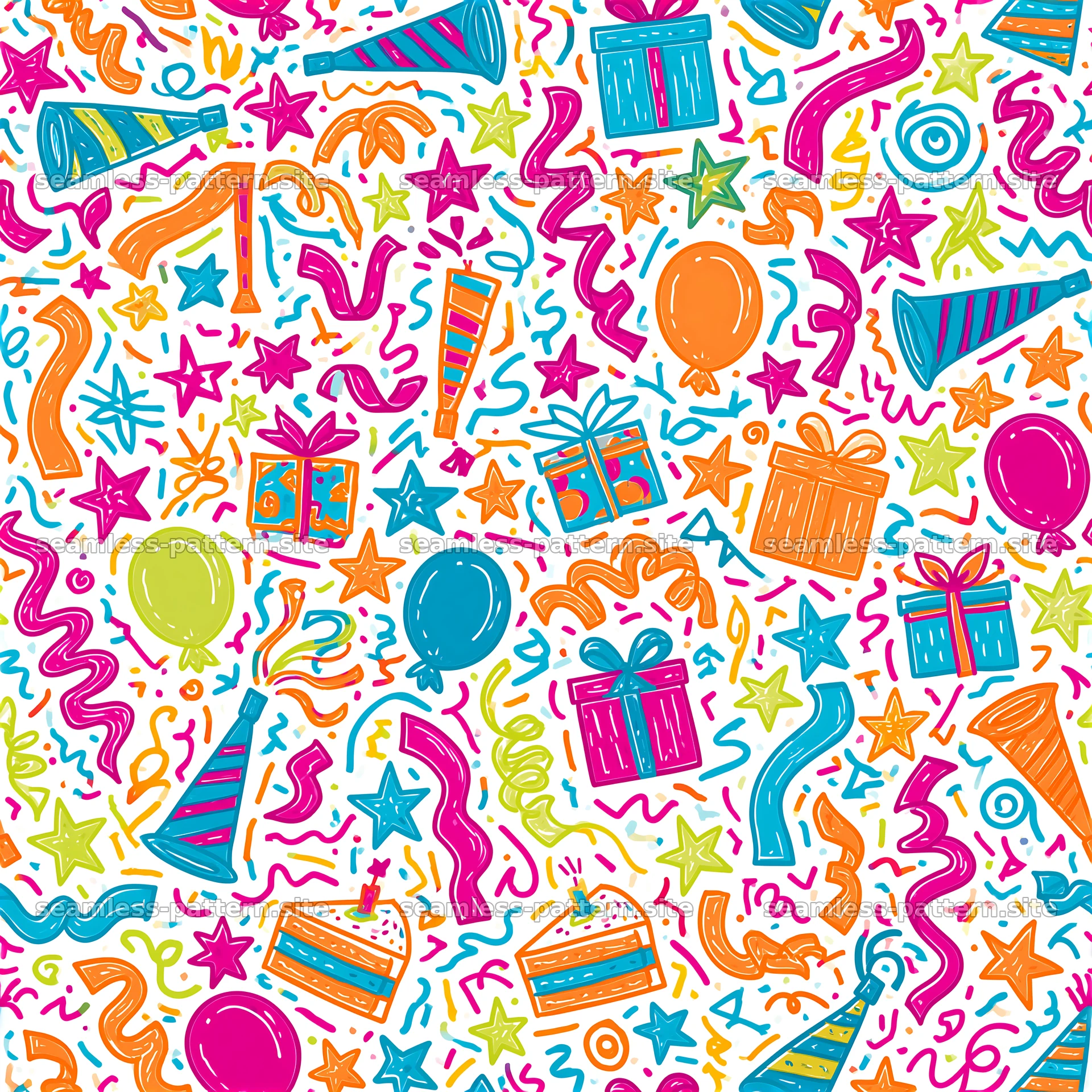 Colorful party celebration doodles on a seamless pattern — seamless tileable pattern at 8192x8192