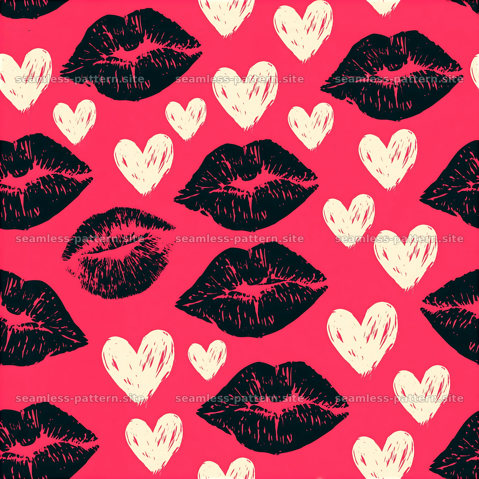 Repeat pattern with glossy lipstick prints and hearts on pink background — seamless tileable pattern at 8192x8192