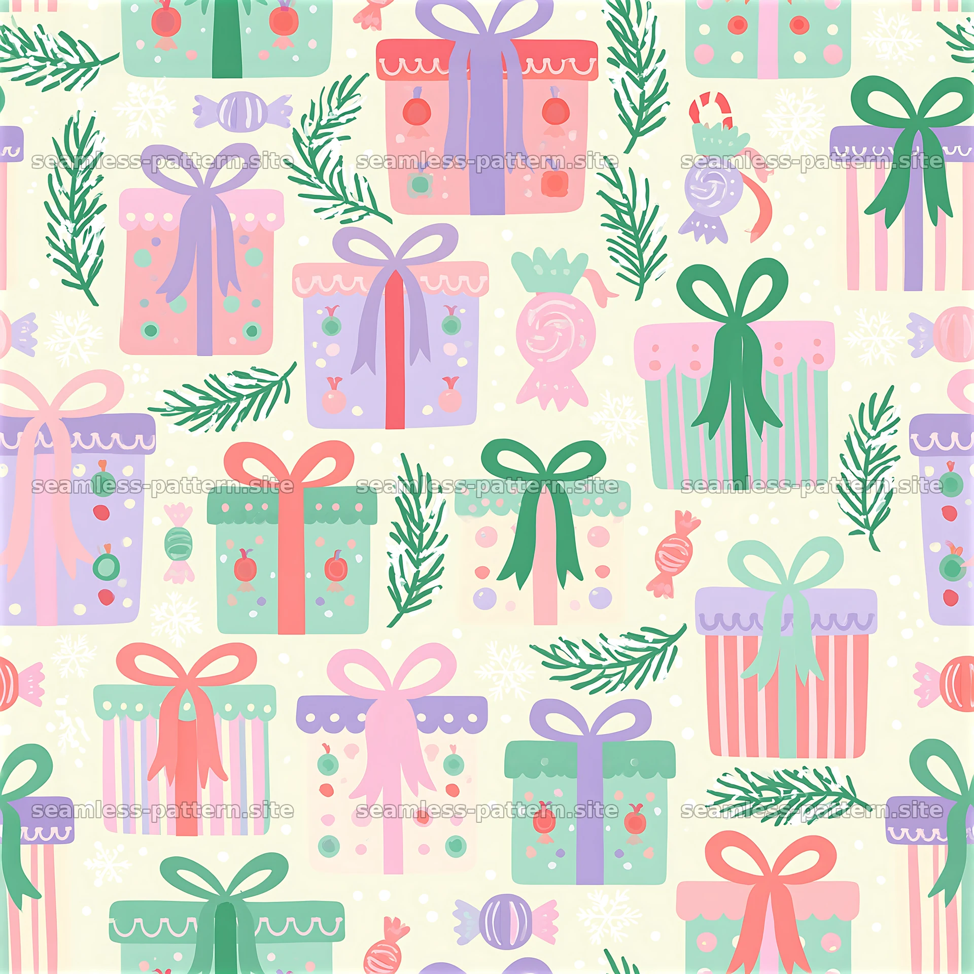 Colorful seamless pattern of gift boxes with bows and decorations — seamless tileable pattern at 8192x8192