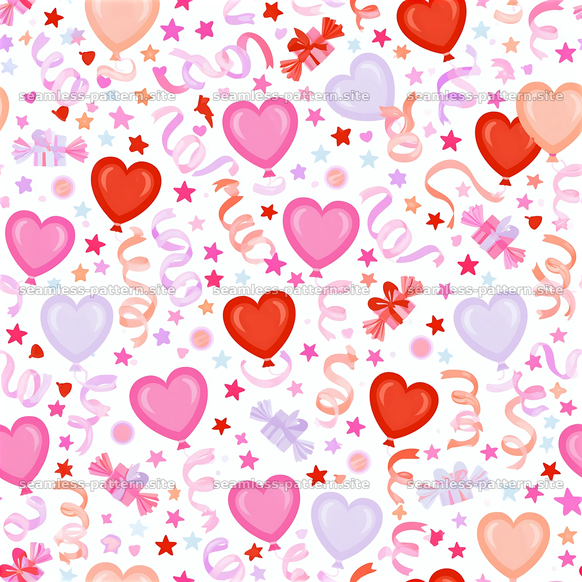 Valentine scrapbook repeat pattern with hearts, balloons, and ribbons — seamless tileable pattern at 8192x8192
