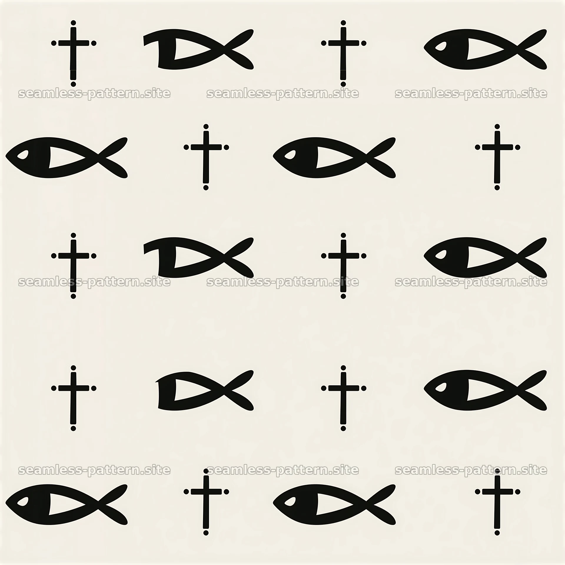 Monochrome Christian Cross and Fish Symbol Seamless Pattern — seamless tileable pattern at 8192x8192