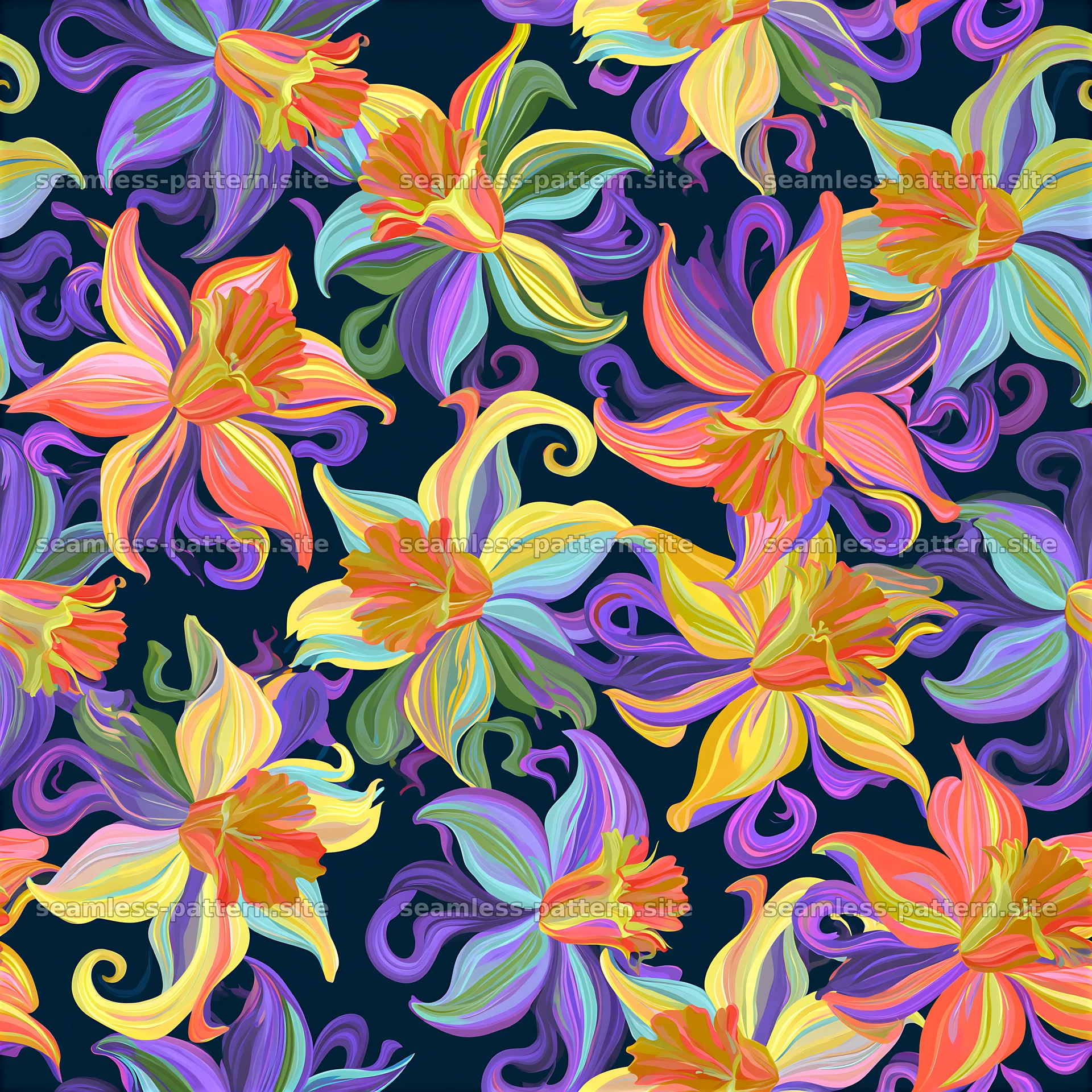 Vibrant floral design with colorful flowers on a dark background — seamless tileable pattern at 8192x8192