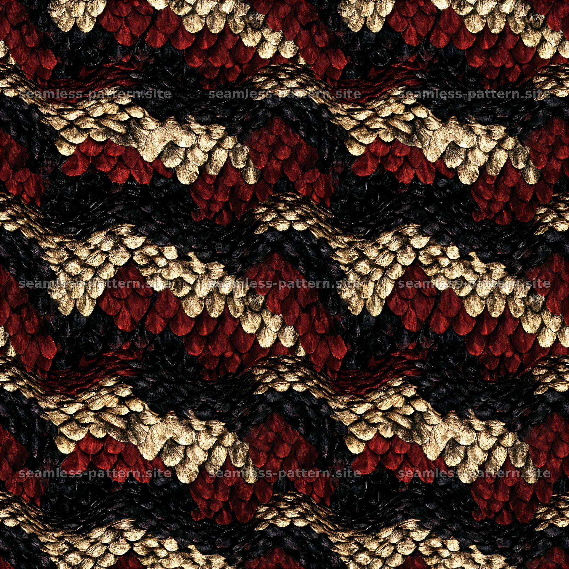 Snake scale seamless pattern in black, red, and gold colors — seamless tileable pattern at 8192x8192