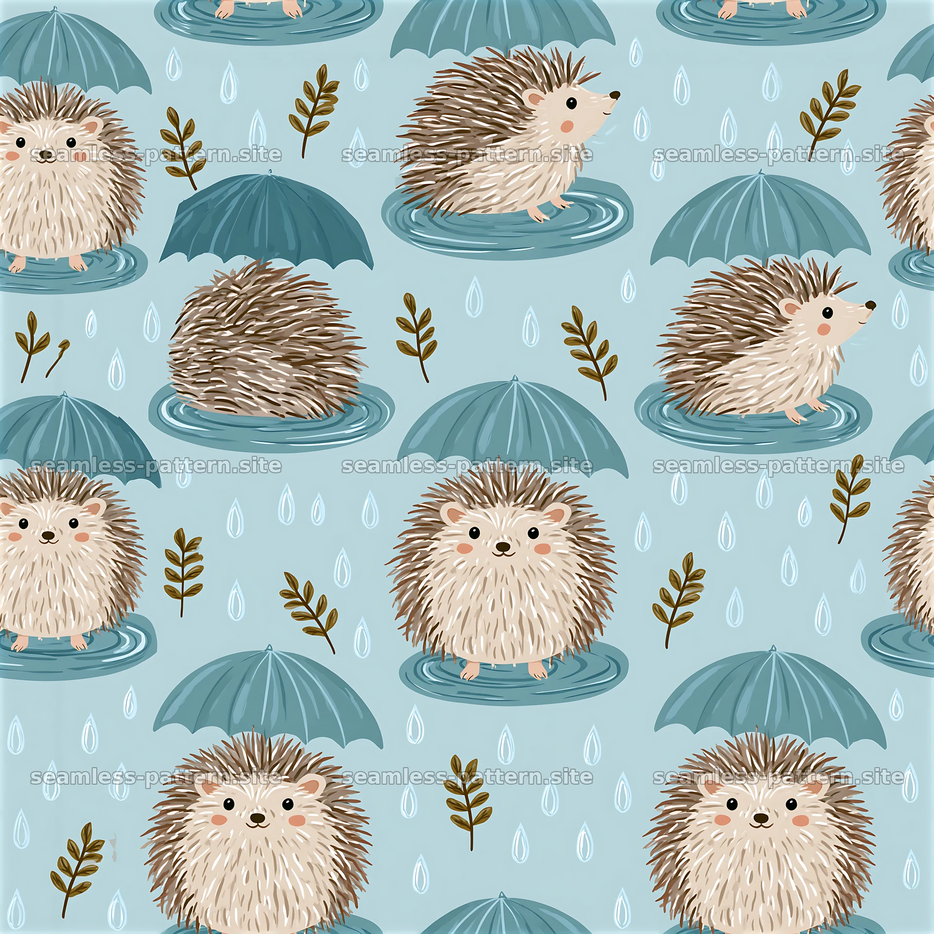 Cute hedgehog seamless pattern with umbrellas and raindrops — seamless tileable pattern at 8192x8192