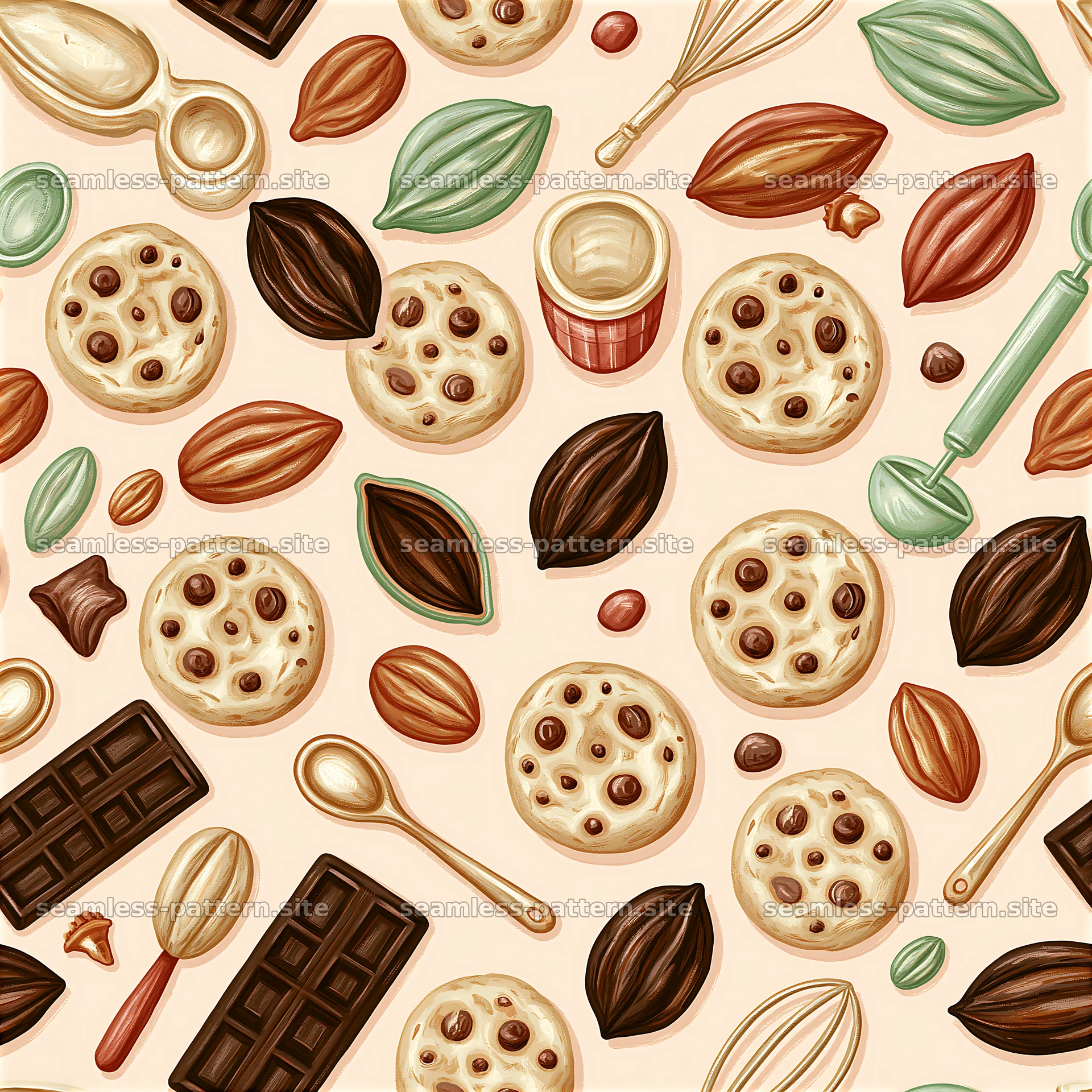 Baking ingredients seamless pattern with cookies and chocolate — seamless tileable pattern at 8192x8192