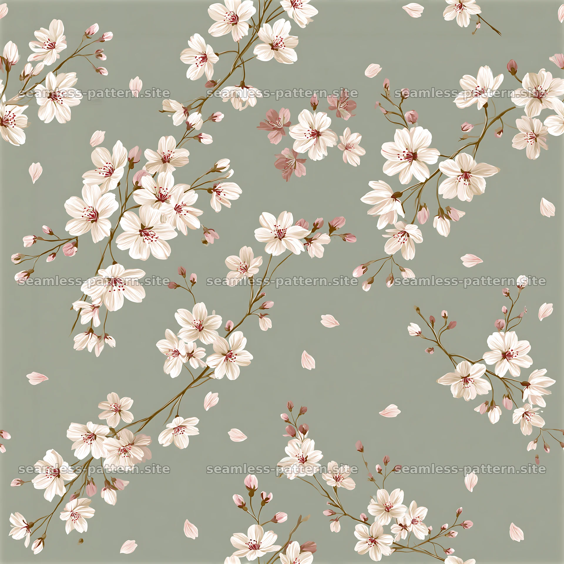 Floral gift wrap seamless pattern with cherry blossom branches — seamless tileable pattern at 8192x8192