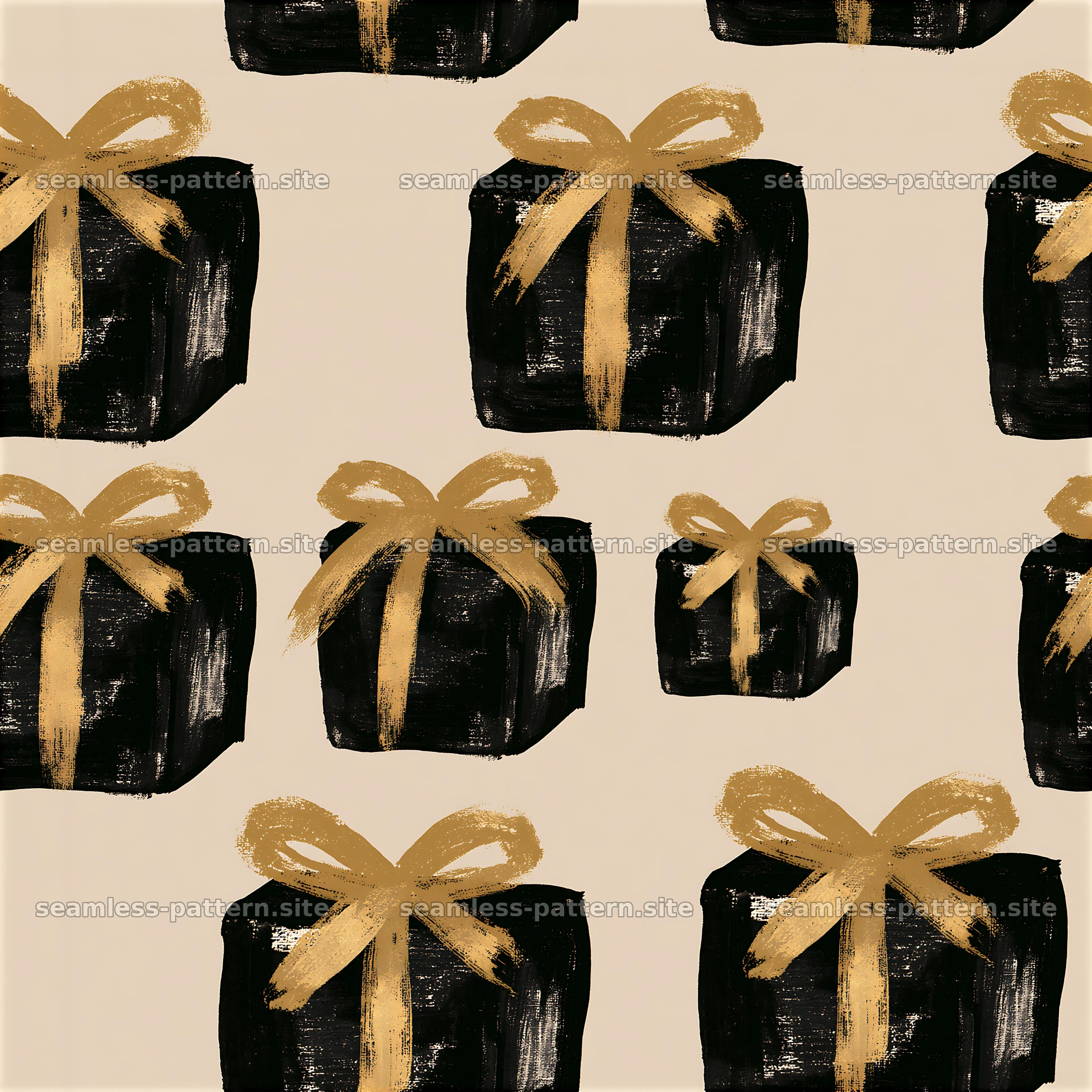 Seamless pattern of black and gold Christmas gifts — seamless tileable pattern at 8192x8192