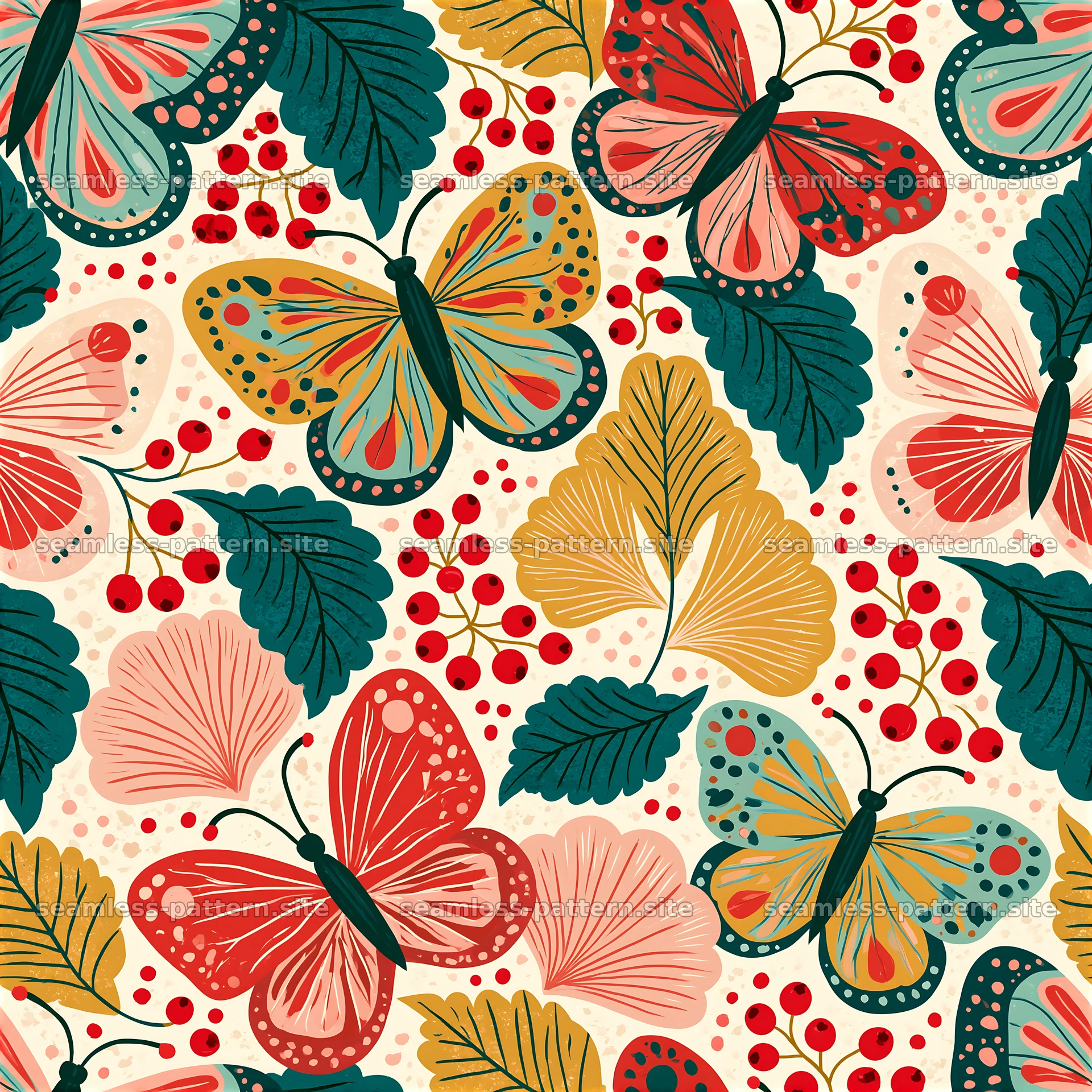 Colorful butterflies, leaves and berries seamless pattern — seamless tileable pattern at 8192x8192