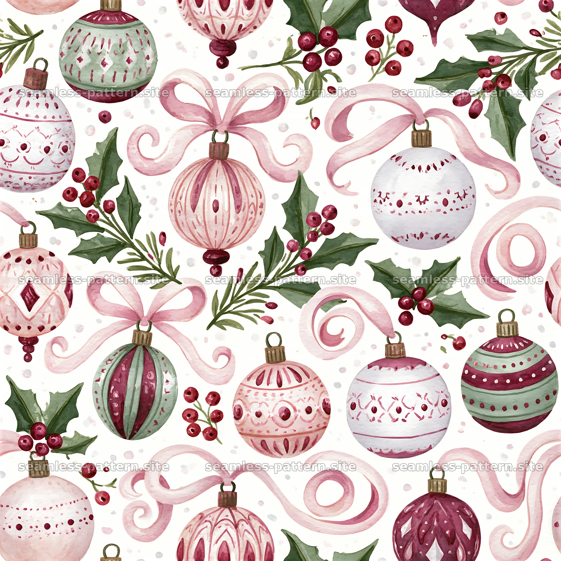 Seamless pattern with Christmas tree ornaments and holly leaves — seamless tileable pattern at 8192x8192
