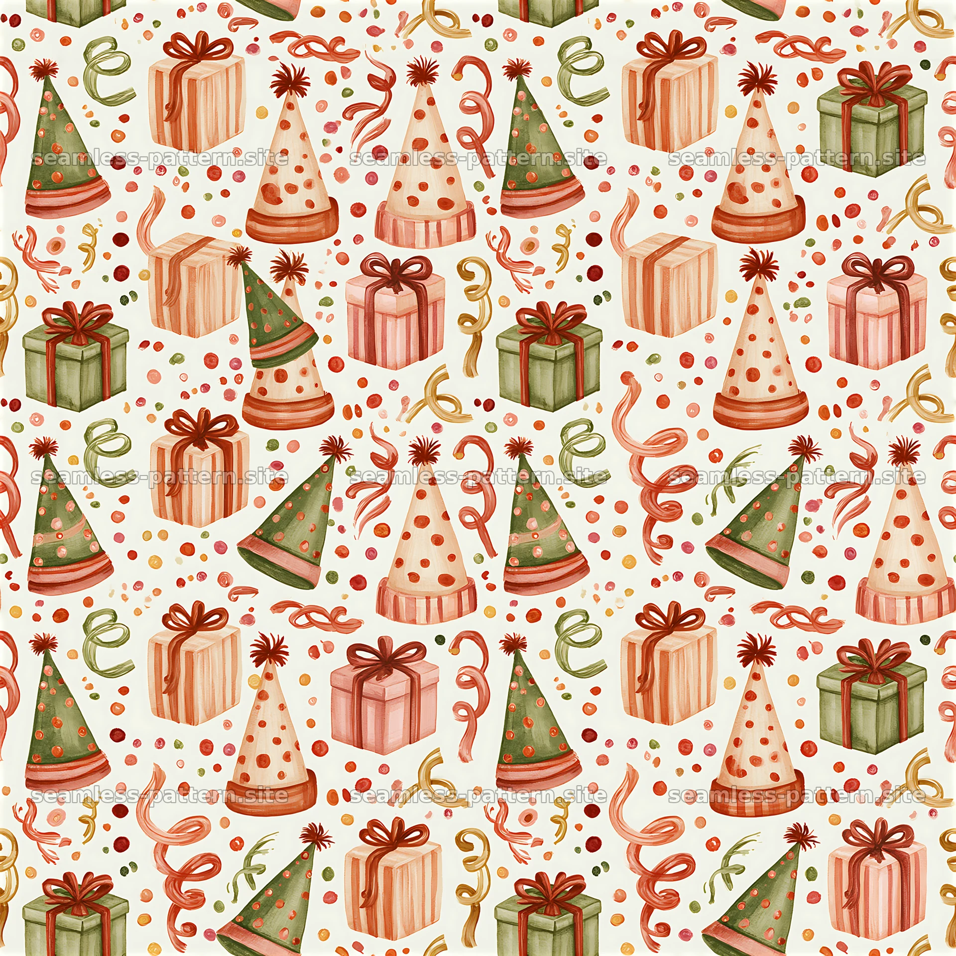 Birthday Wallpaper Repeat Pattern with Gifts and Party Hats — seamless tileable pattern at 8192x8192