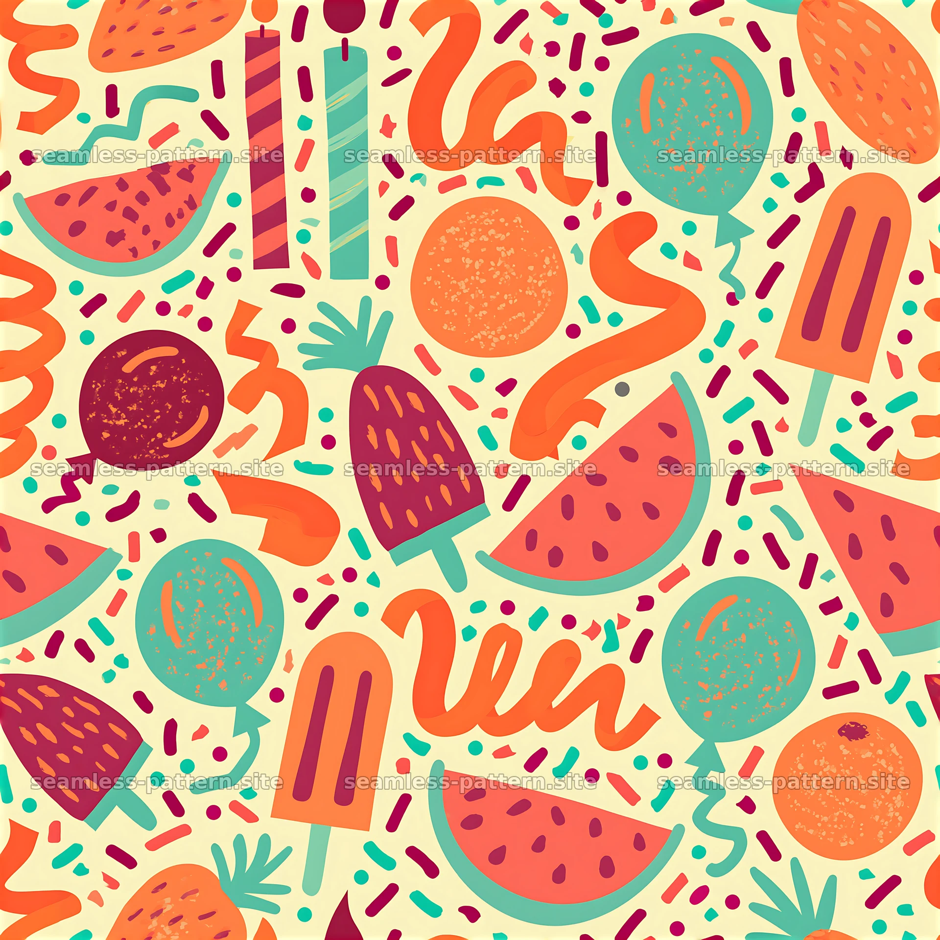 Colorful and playful seamless pattern with birthday elements — seamless tileable pattern at 8192x8192