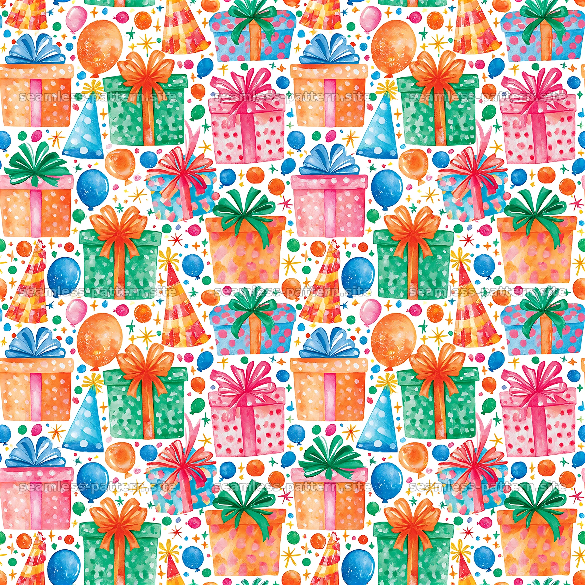 Birthday watercolor seamless pattern with gifts and balloons — seamless tileable pattern at 8192x8192