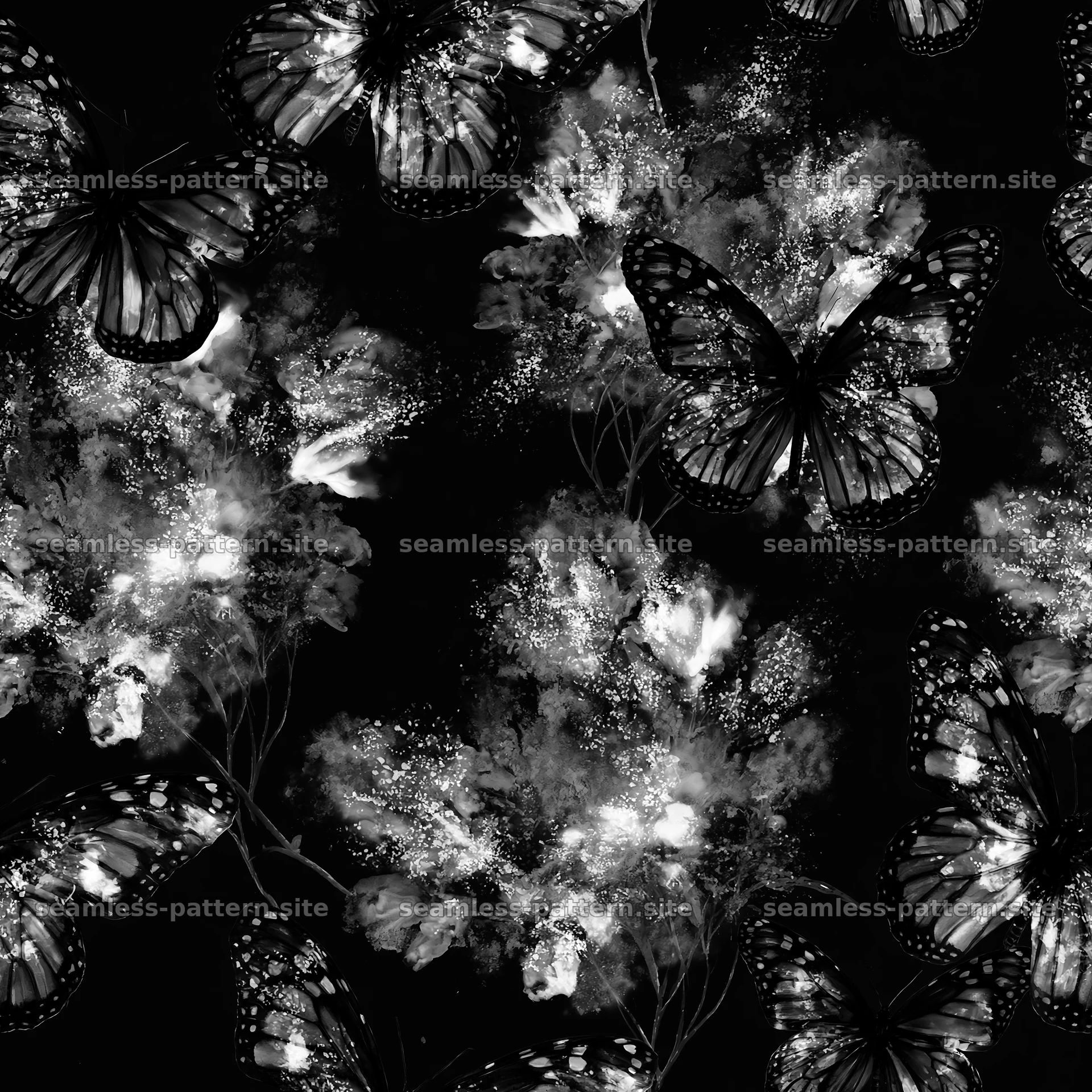 Watercolor butterfly seamless pattern in black and white — seamless tileable pattern