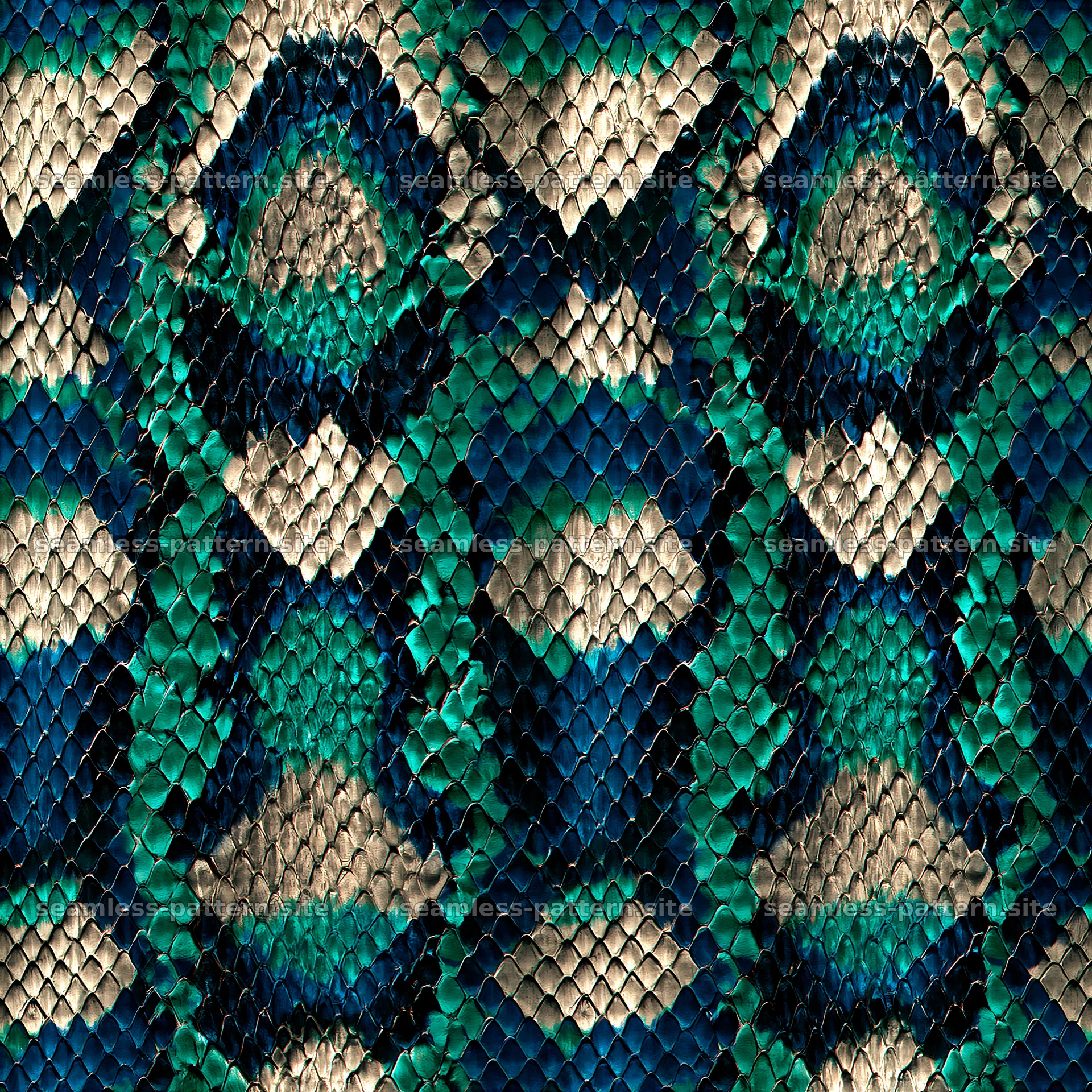 Seamless textile snake skin pattern with blue and green scales — seamless tileable pattern at 8192x8192