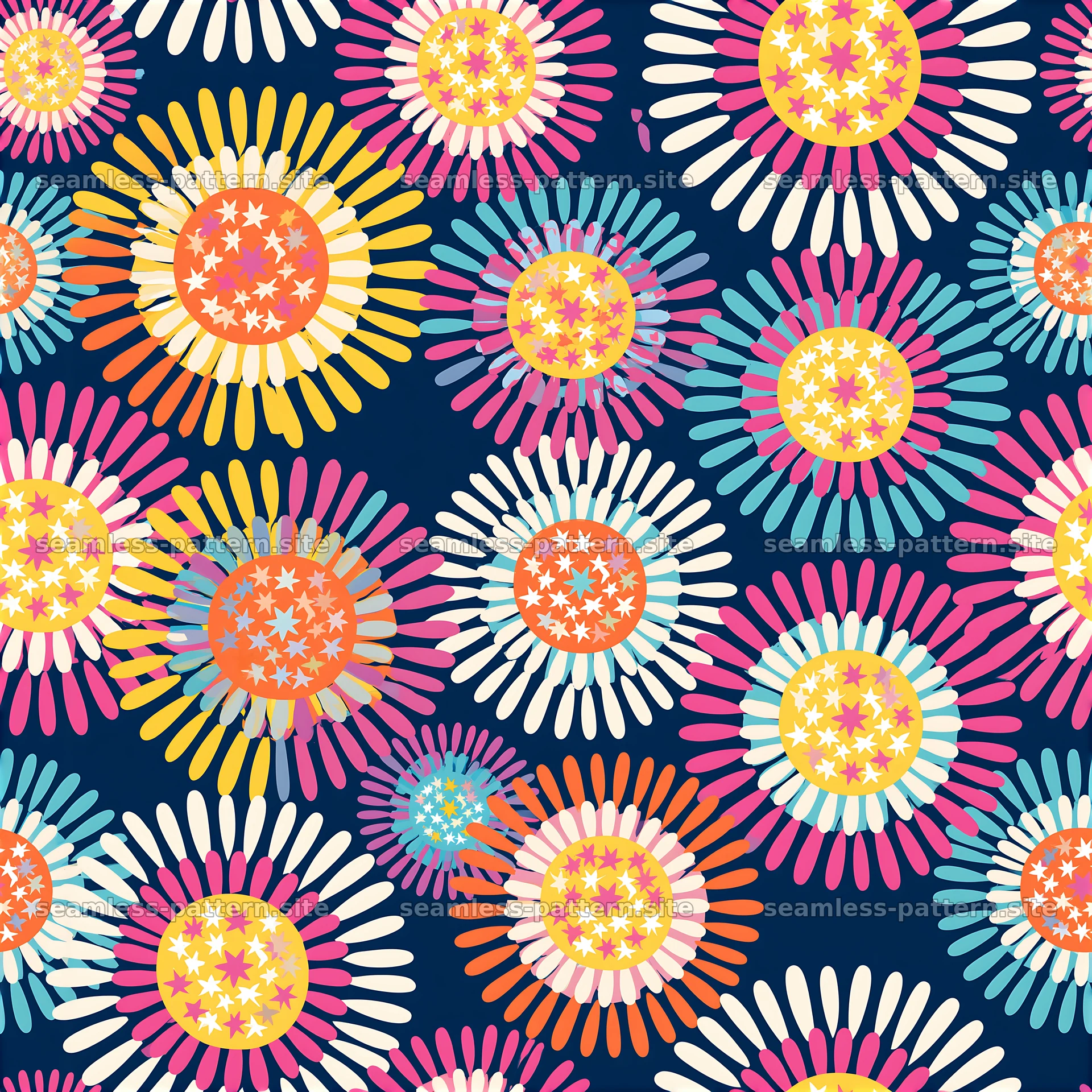 Playful starburst pattern with bright colors on dark background — seamless tileable pattern at 8192x8192