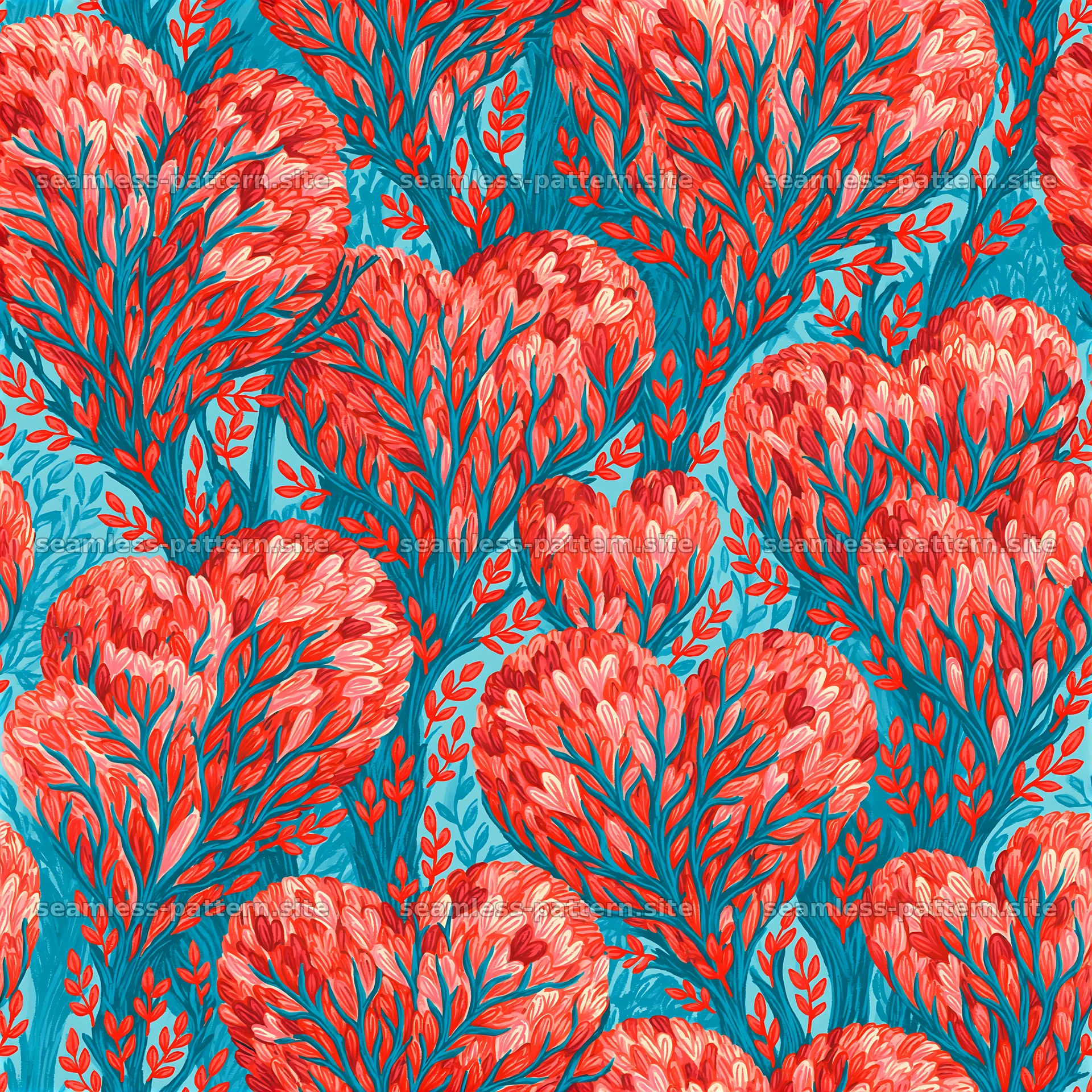 Colorful folk art heart pattern on bright blue background — seamless tileable pattern at 8192x8192