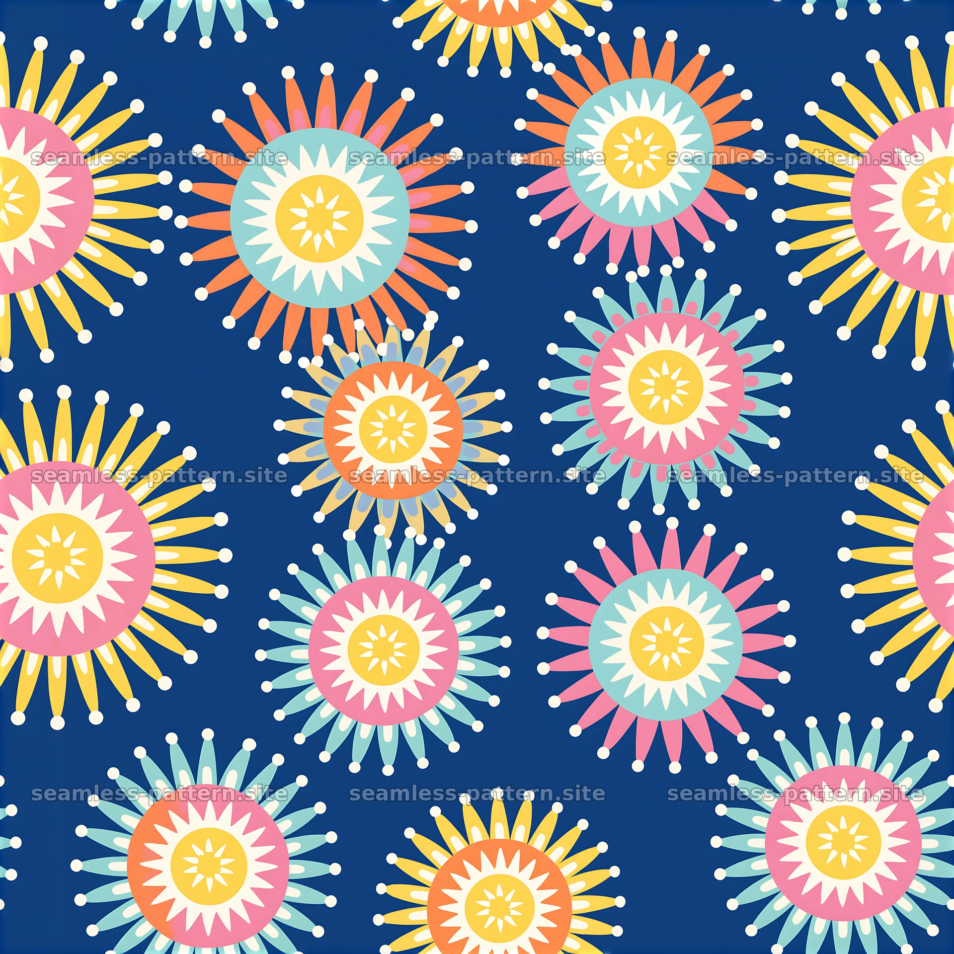 Colorful Starburst Floral Seamless Pattern on Navy — seamless tileable pattern at 8192x8192