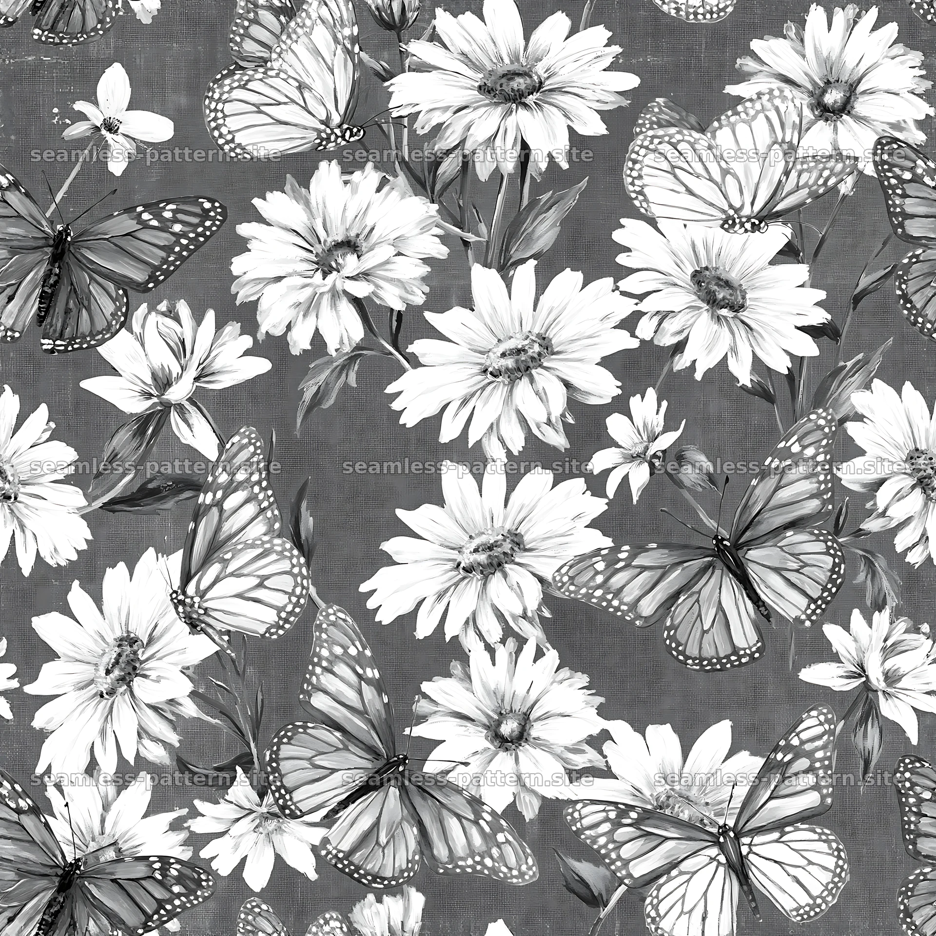 Butterfly and daisy seamless pattern in black and white — seamless tileable pattern