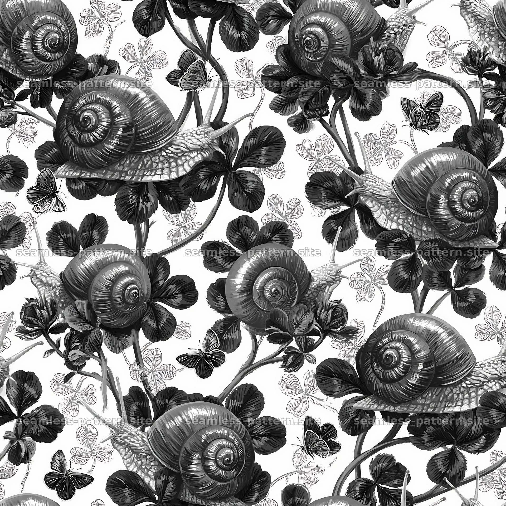 Red snail pattern with butterflies, repeating pattern — seamless tileable pattern