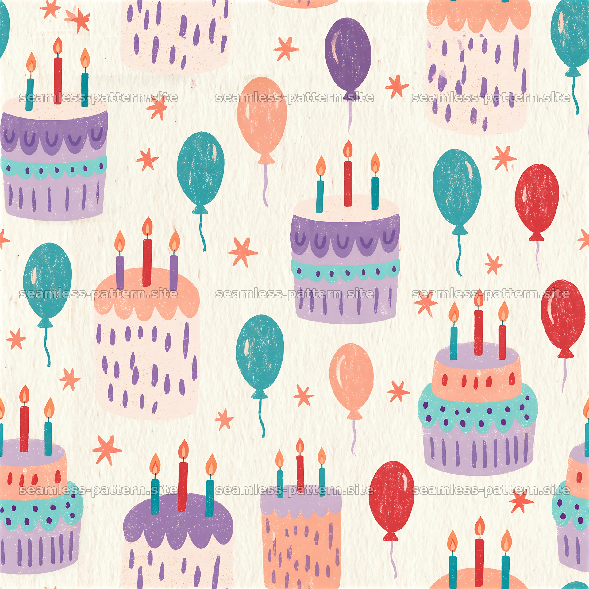 Birthday cake seamless pattern design with balloons and stars — seamless tileable pattern at 8192x8192
