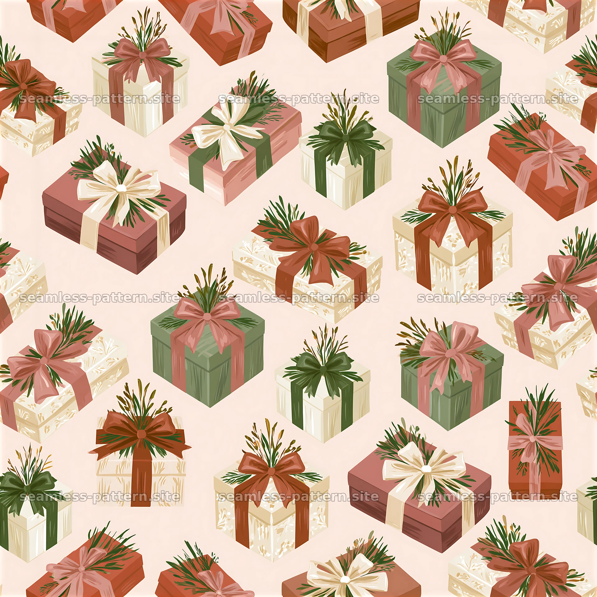Seamless Pattern with Assorted Gift Boxes and Bows — seamless tileable pattern at 8192x8192