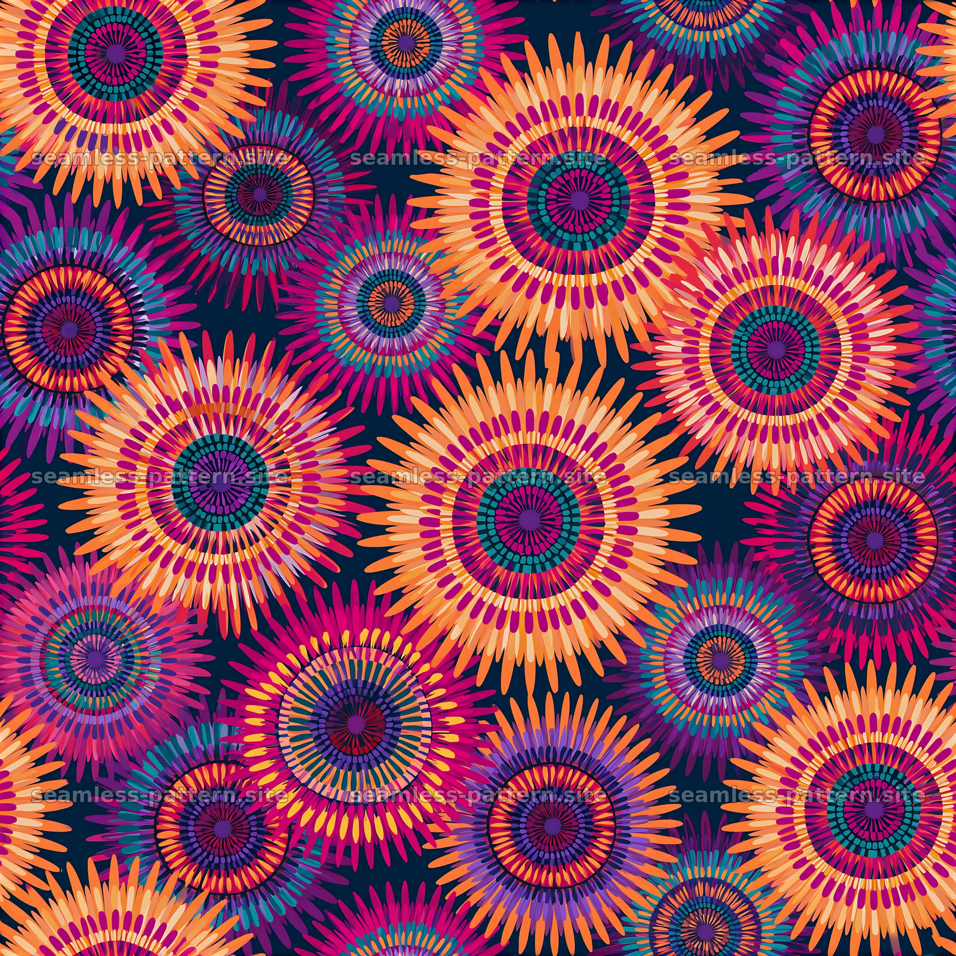 Colorful abstract sunbursts seamless pattern for fabric or wallpaper — seamless tileable pattern at 8192x8192