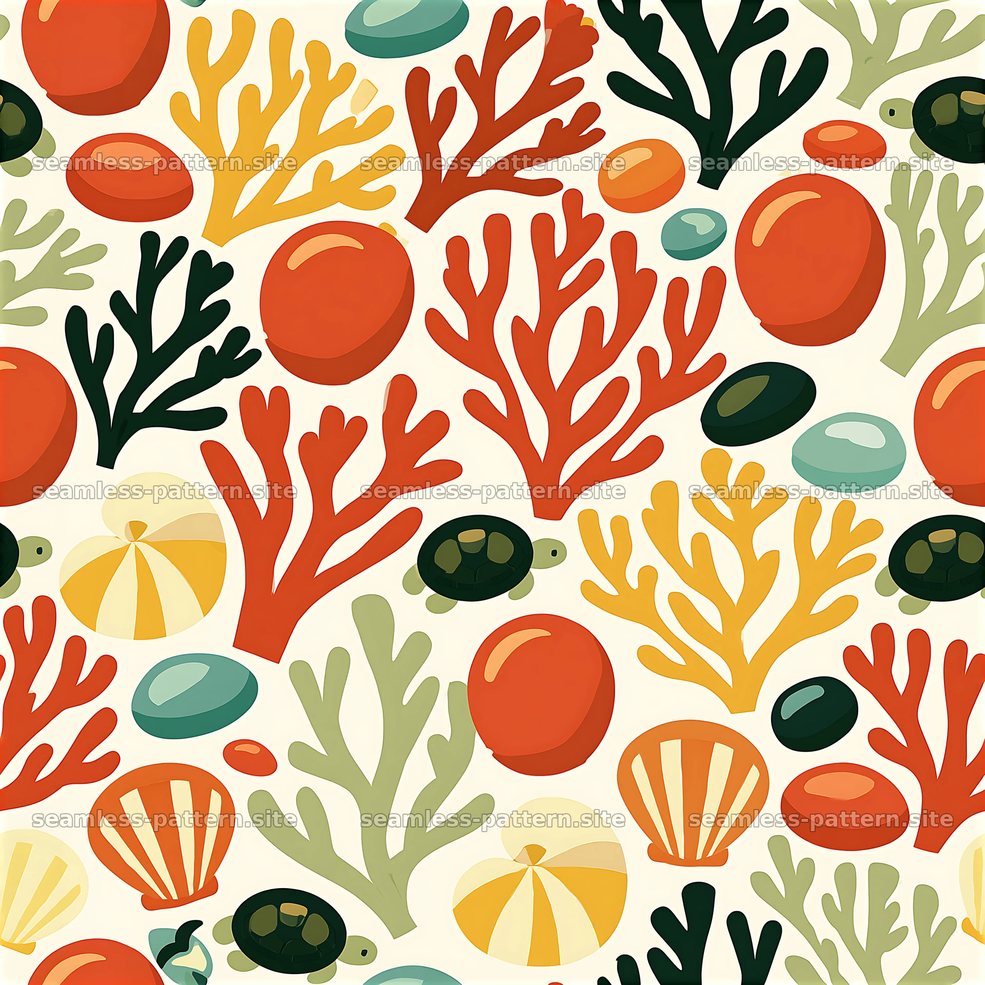 Colorful marine life seamless pattern with coral and shells — seamless tileable pattern at 8192x8192