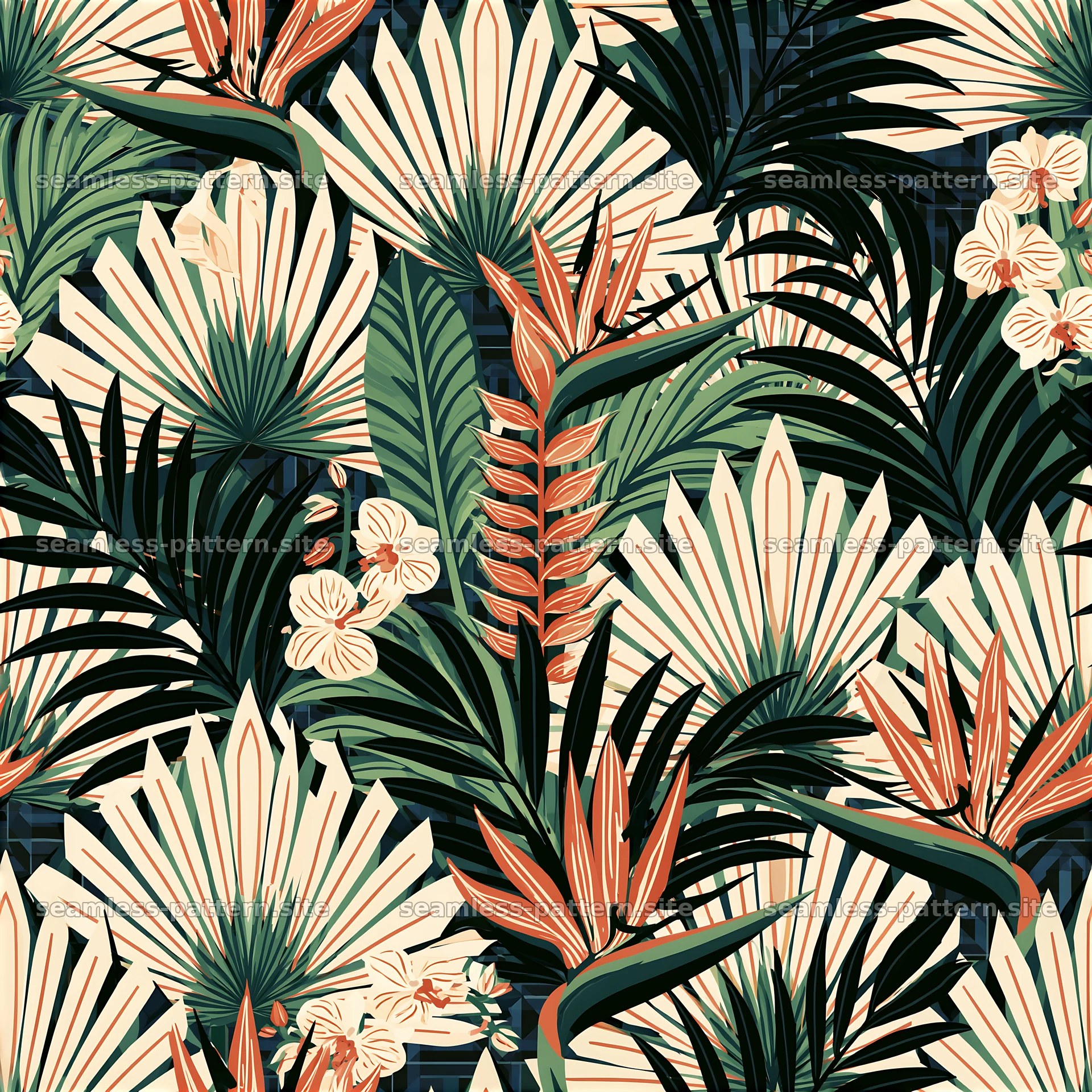 Tropical flower seamless pattern with large leaves and bright blooms — seamless tileable pattern at 8192x8192