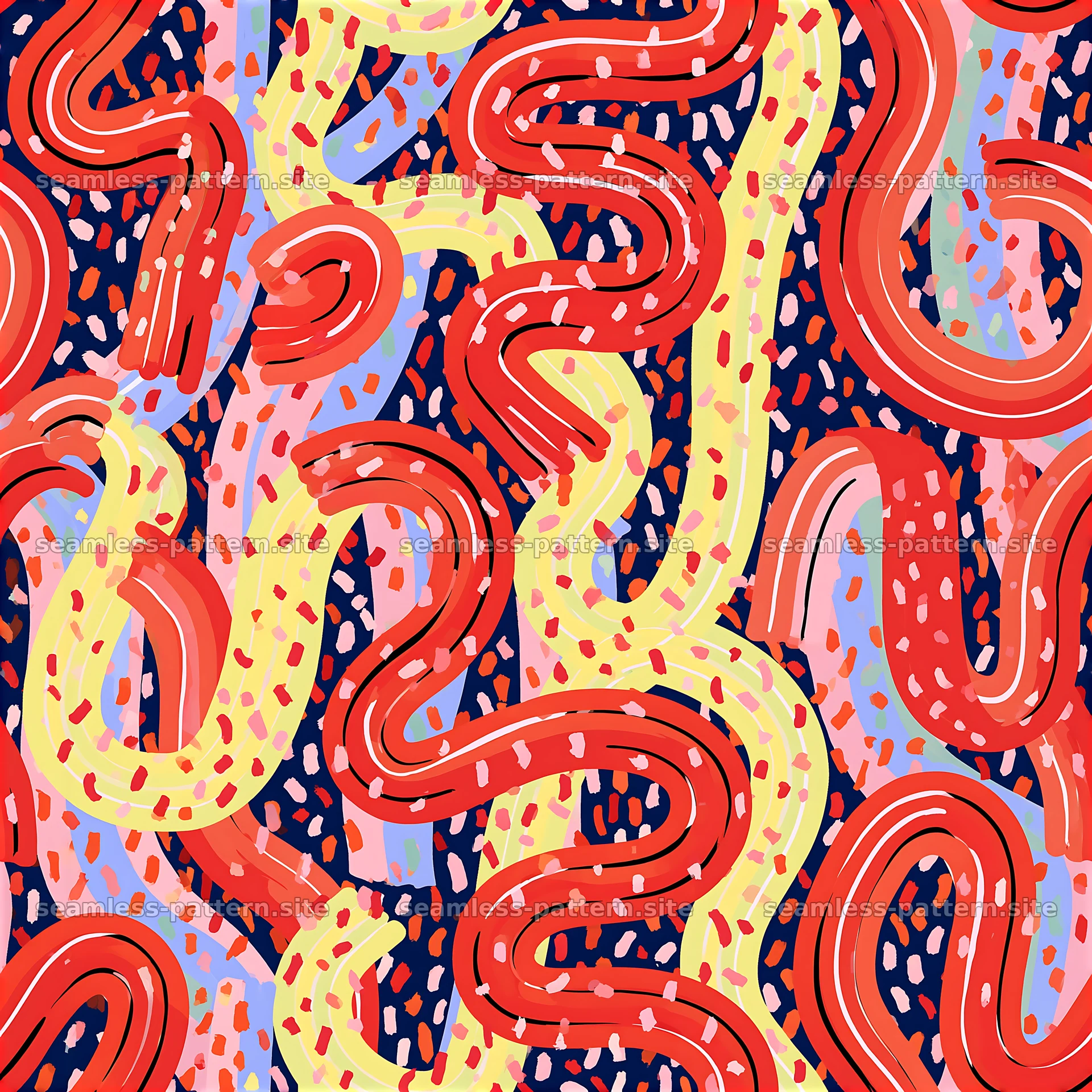 Colorful Curved Streamers and Confetti Seamless Pattern — seamless tileable pattern at 8192x8192