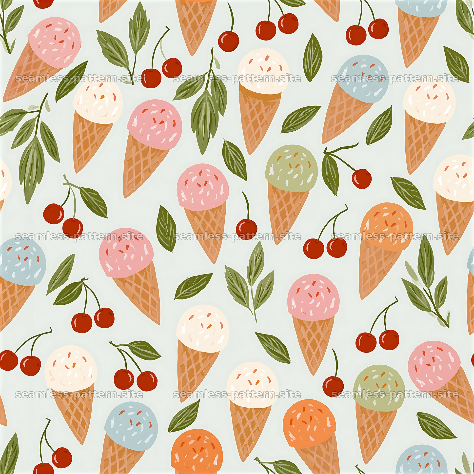 Colorful Ice Cream Cone and Cherry Seamless Pattern — seamless tileable pattern at 8192x8192