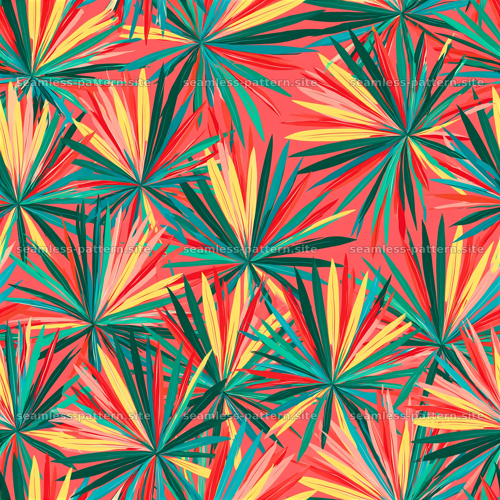 Bright palm leaves create a colorful seamless pattern on a red — seamless tileable pattern at 8192x8192