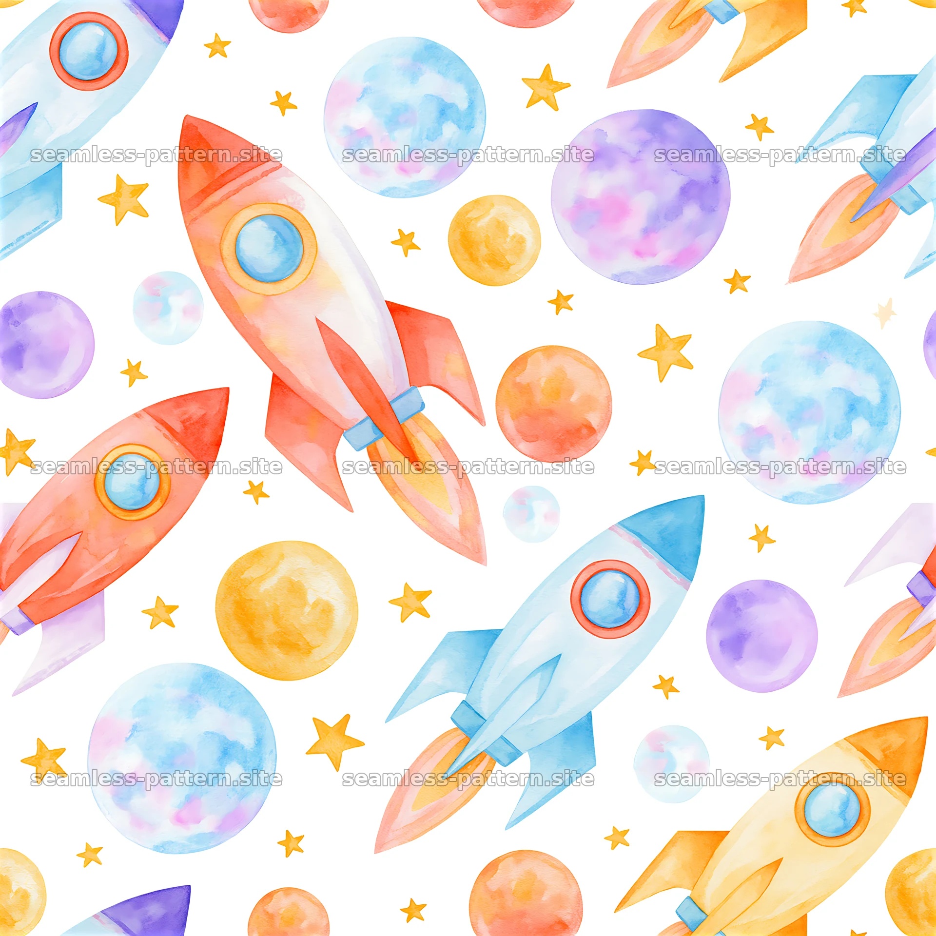 Colorful rockets and planets seamless pattern design — seamless tileable pattern at 8192x8192