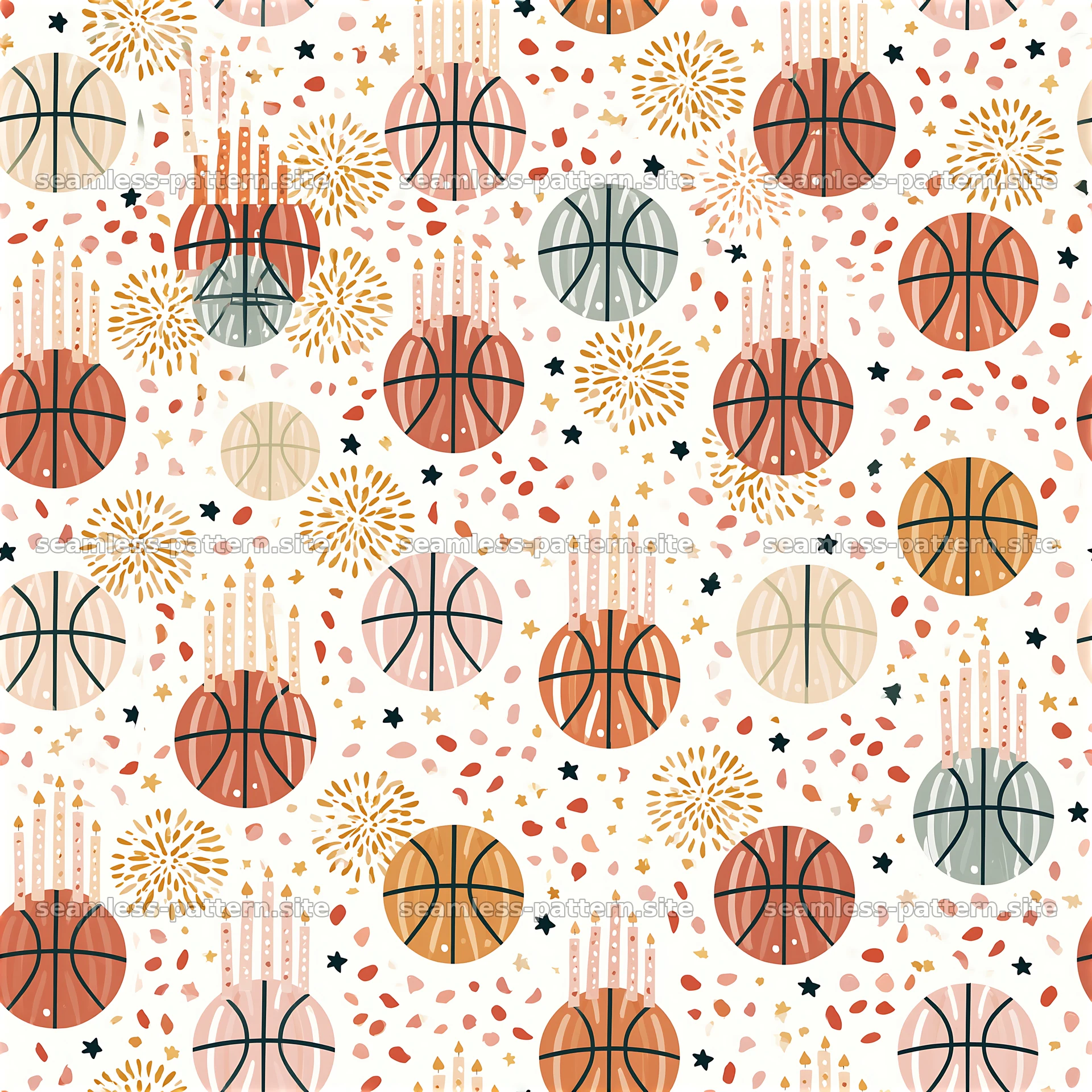 Birthday basketballs and candles seamless pattern — seamless tileable pattern at 8192x8192