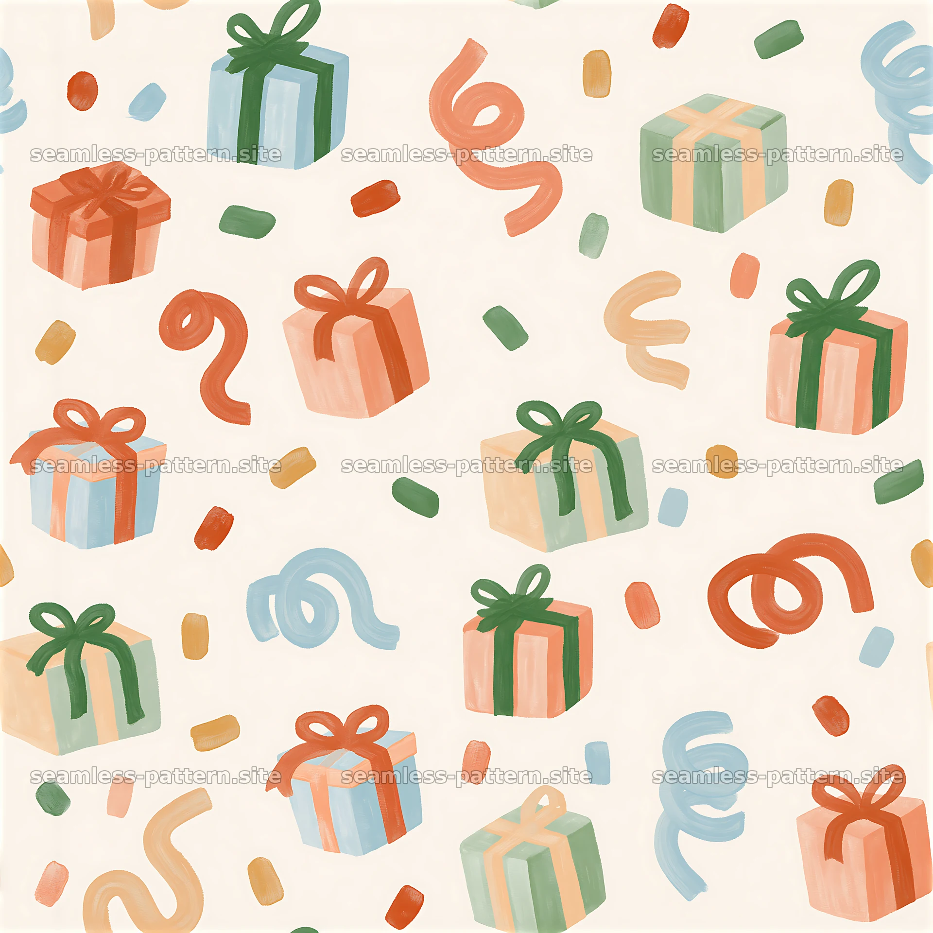 Seamless texture with gift boxes and streamers in playful arrangement — seamless tileable pattern at 8192x8192