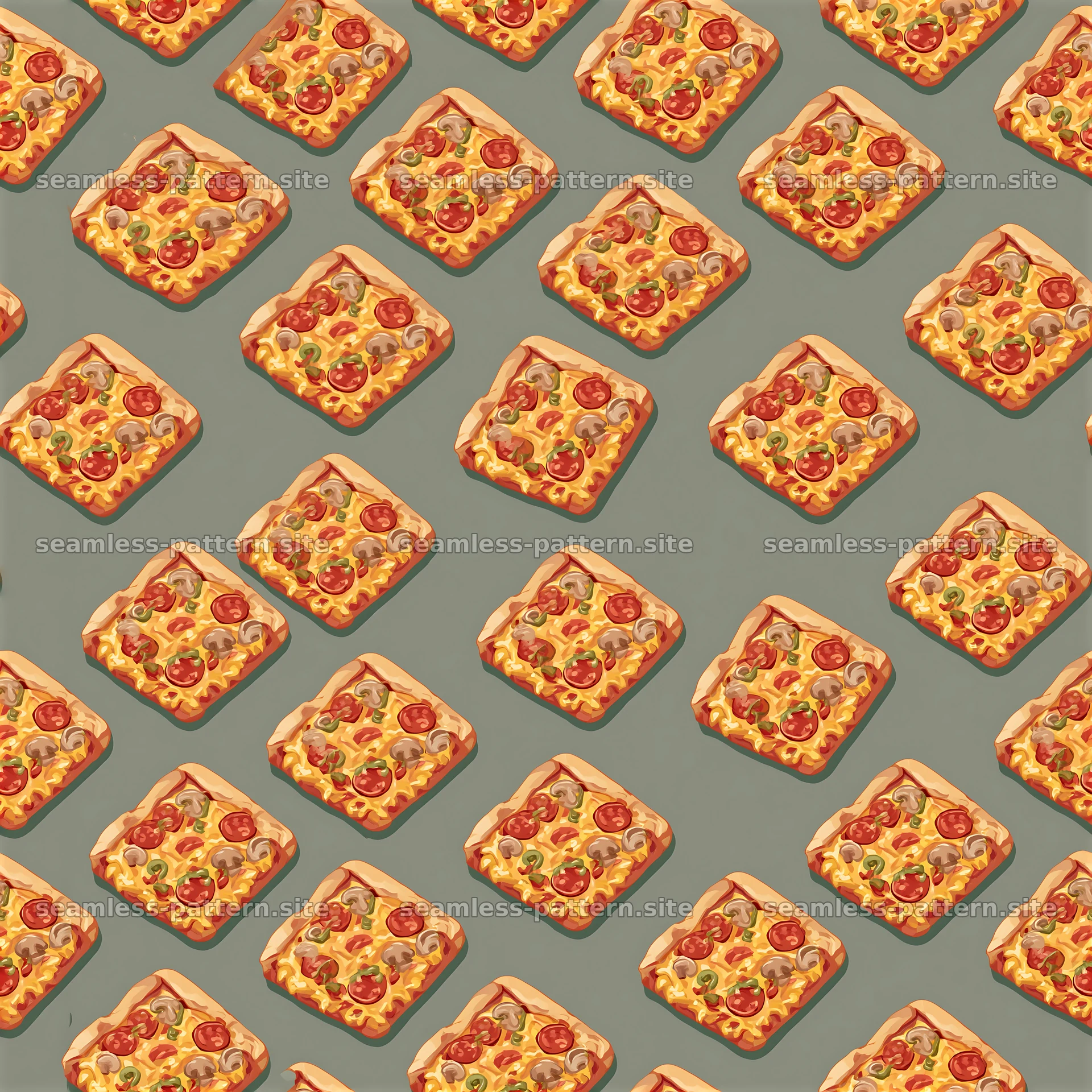 Seamless hot pizza pattern with squares covered in toppings — seamless tileable pattern at 8192x8192