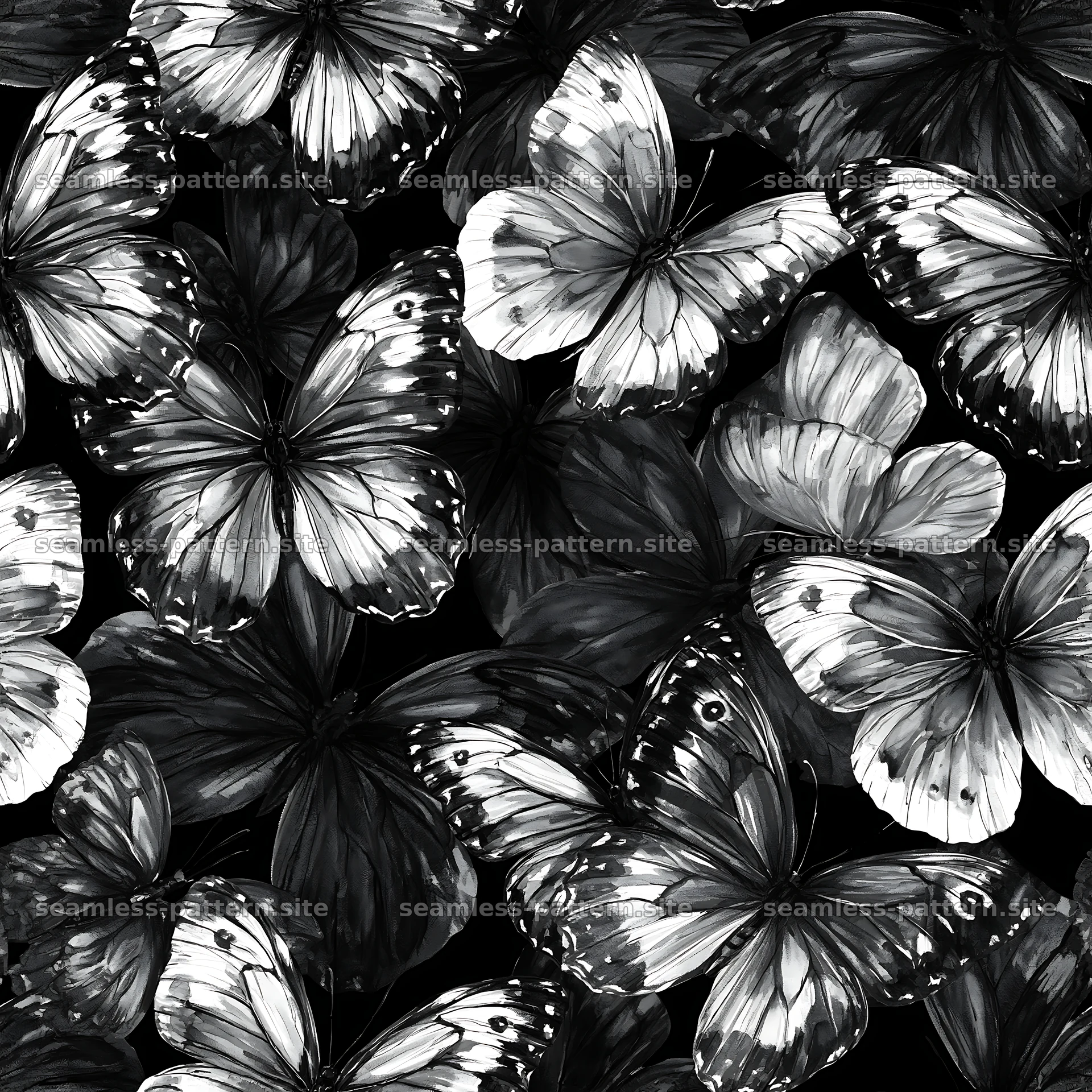 Hand drawn butterfly seamless pattern in black and white — seamless tileable pattern