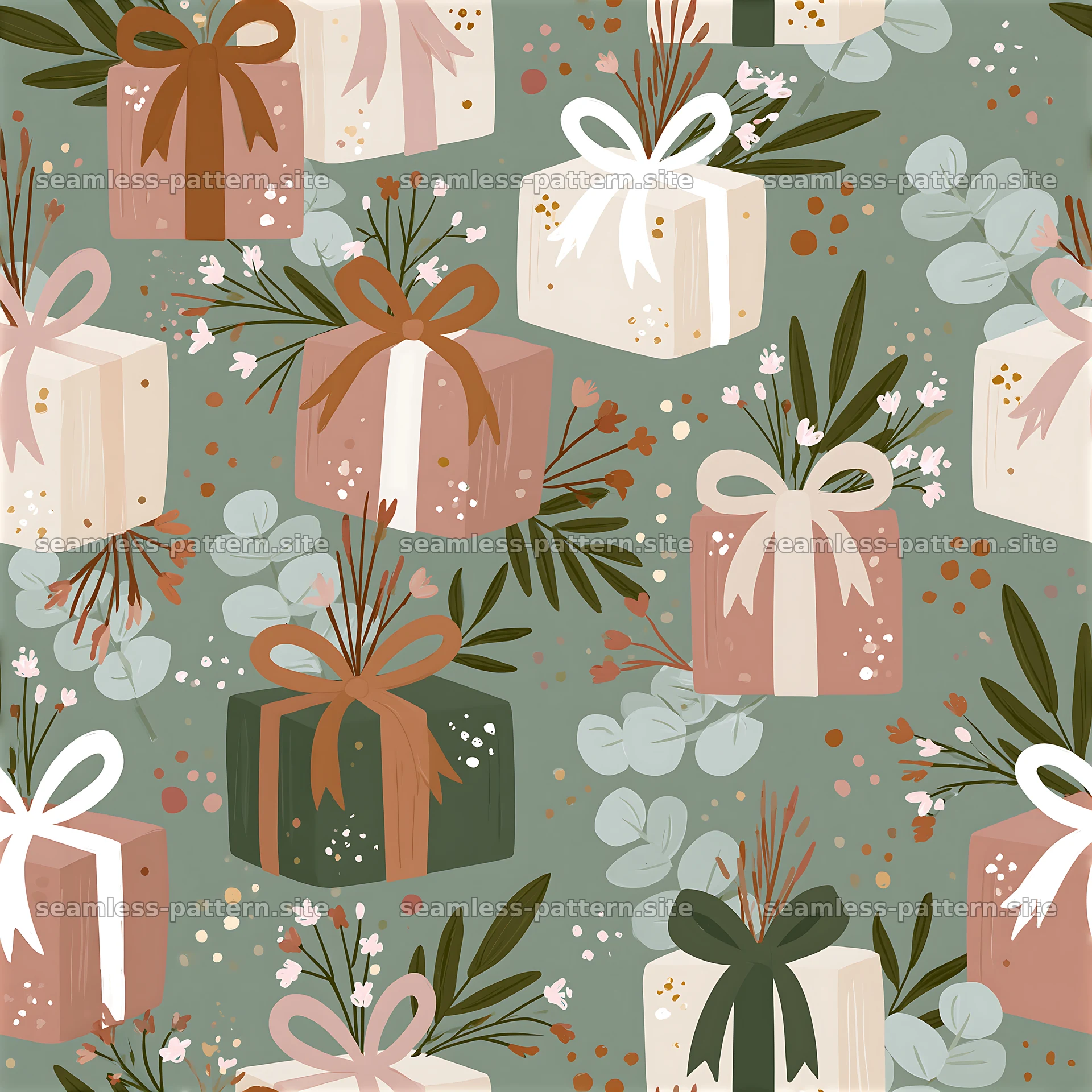 Colorful gift boxes with flowers in a seamless pattern — seamless tileable pattern at 8192x8192