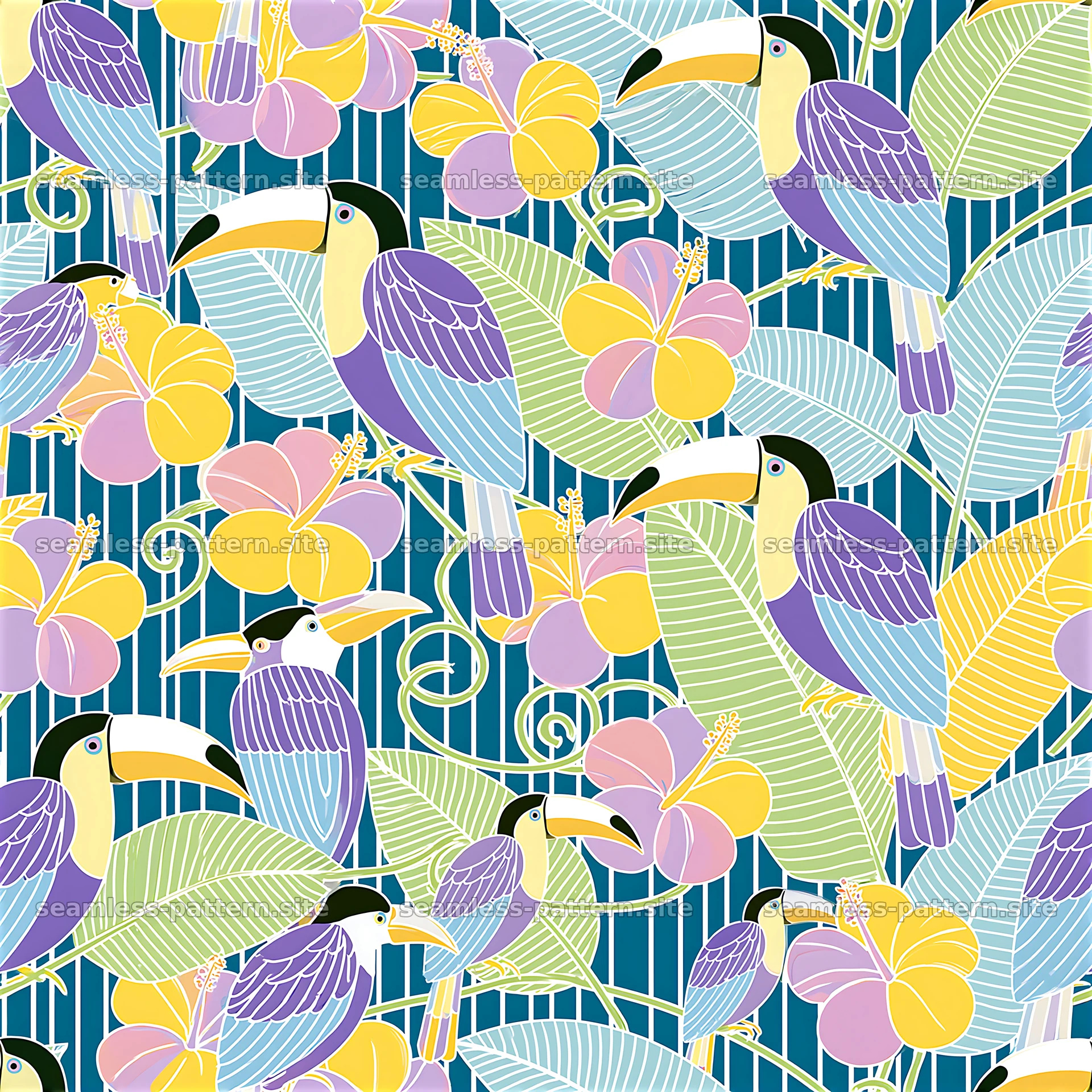 Colorful tropical birds and flowers in a seamless pattern — seamless tileable pattern at 8192x8192