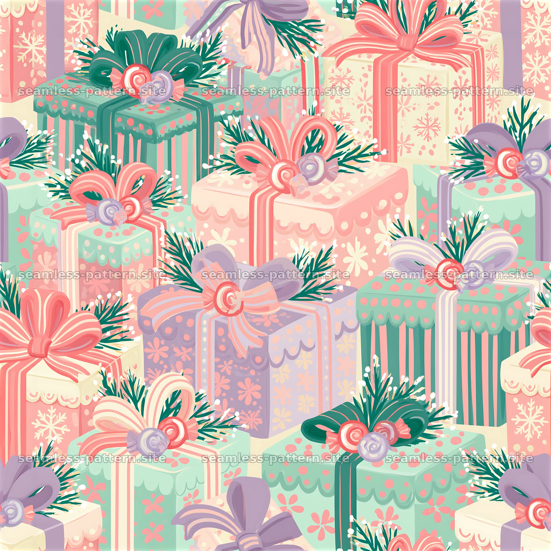 Colorful seamless pattern with gift boxes and decorative bows — seamless tileable pattern at 8192x8192