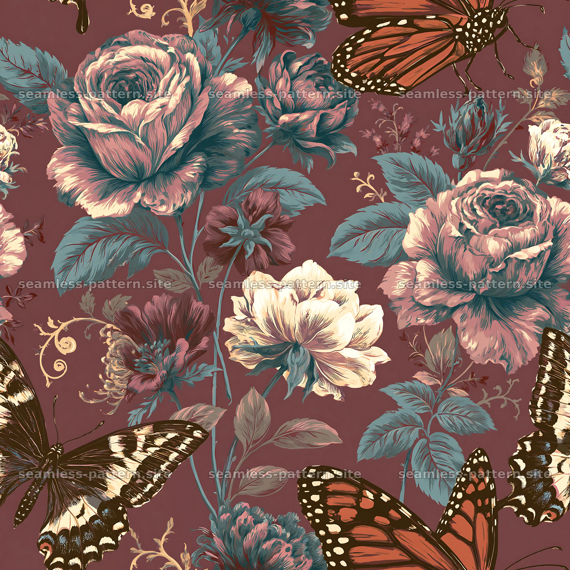 Butterfly and rose seamless pattern for fabric and wallpaper — seamless tileable pattern