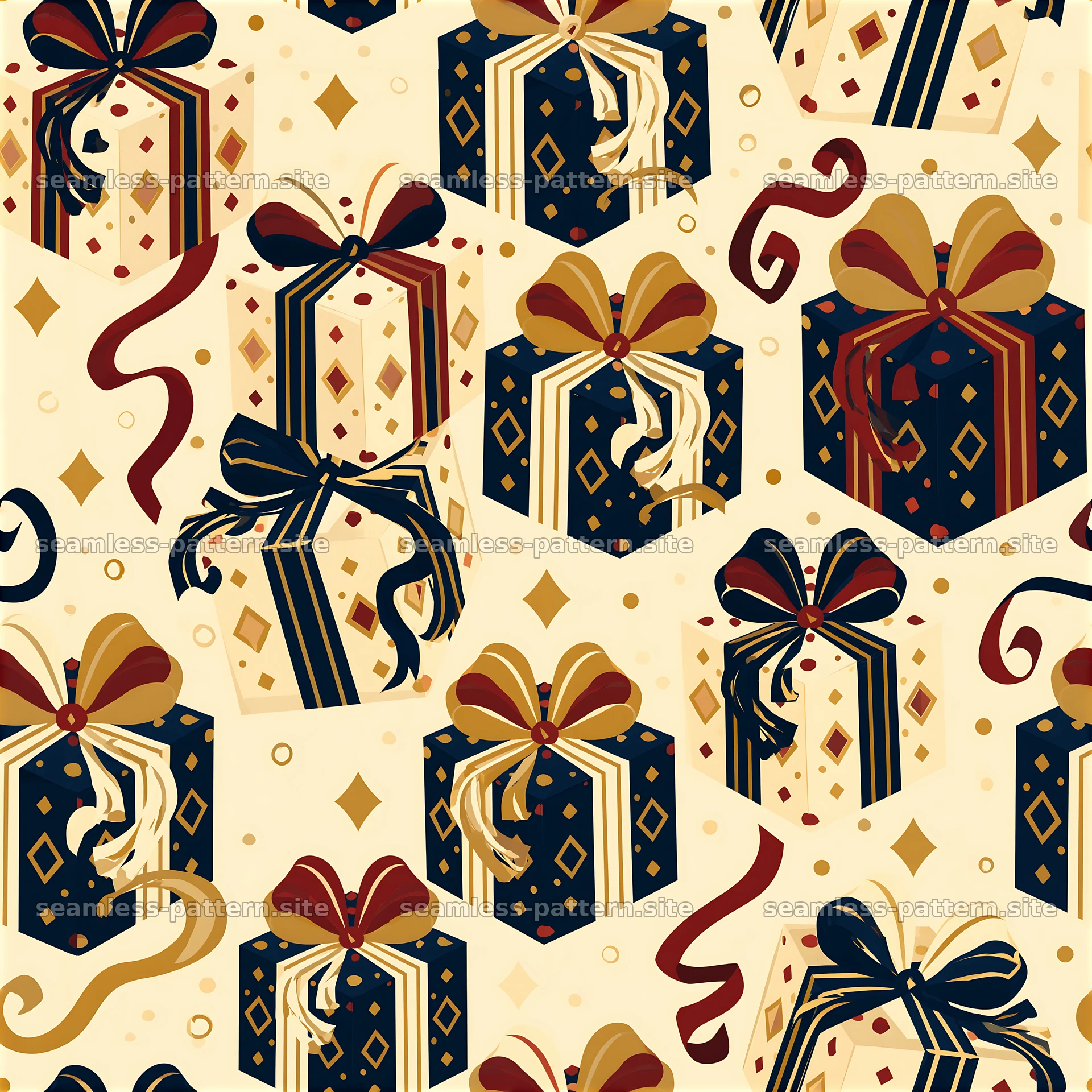 Colorful gift boxes with ribbons in a decorative seamless pattern — seamless tileable pattern at 8192x8192
