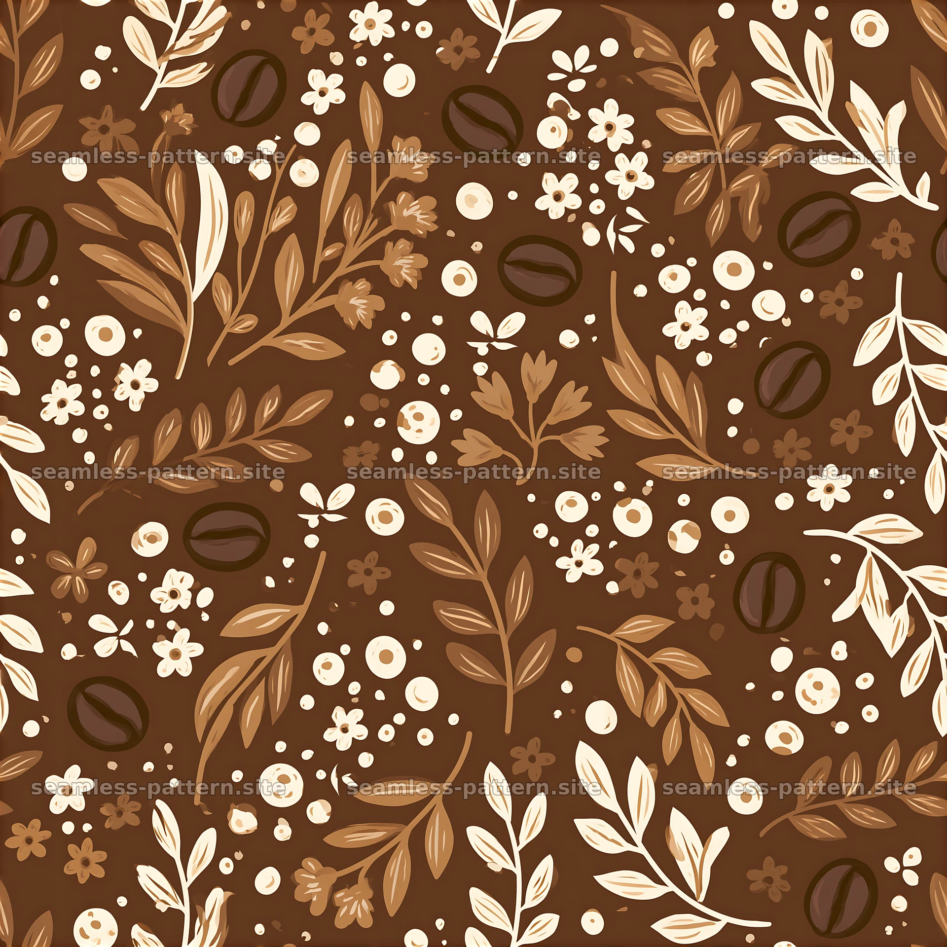 Floral and coffee bean seamless pattern in brown tones — seamless tileable pattern at 8192x8192