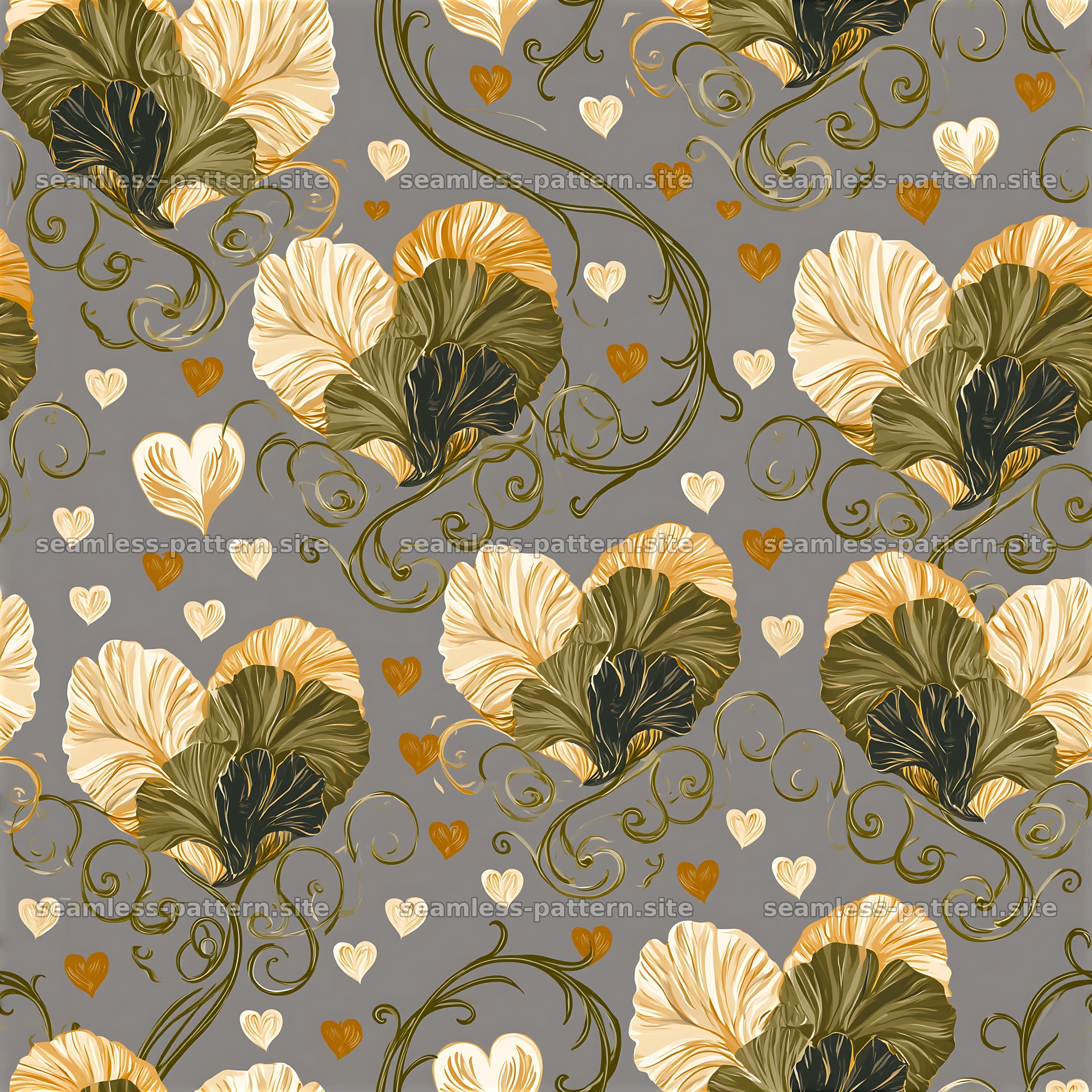 Seamless botanical heart pattern with leaves and vines on gray — seamless tileable pattern at 8192x8192