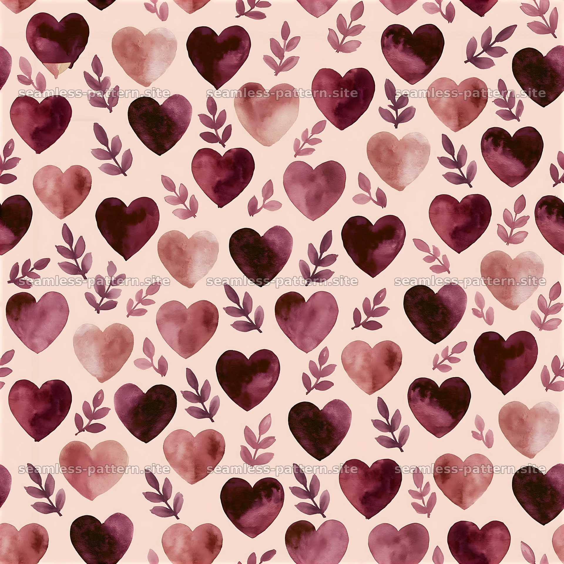 Seamless pattern of hearts and leaves in shades of pink and purple — seamless tileable pattern at 8192x8192