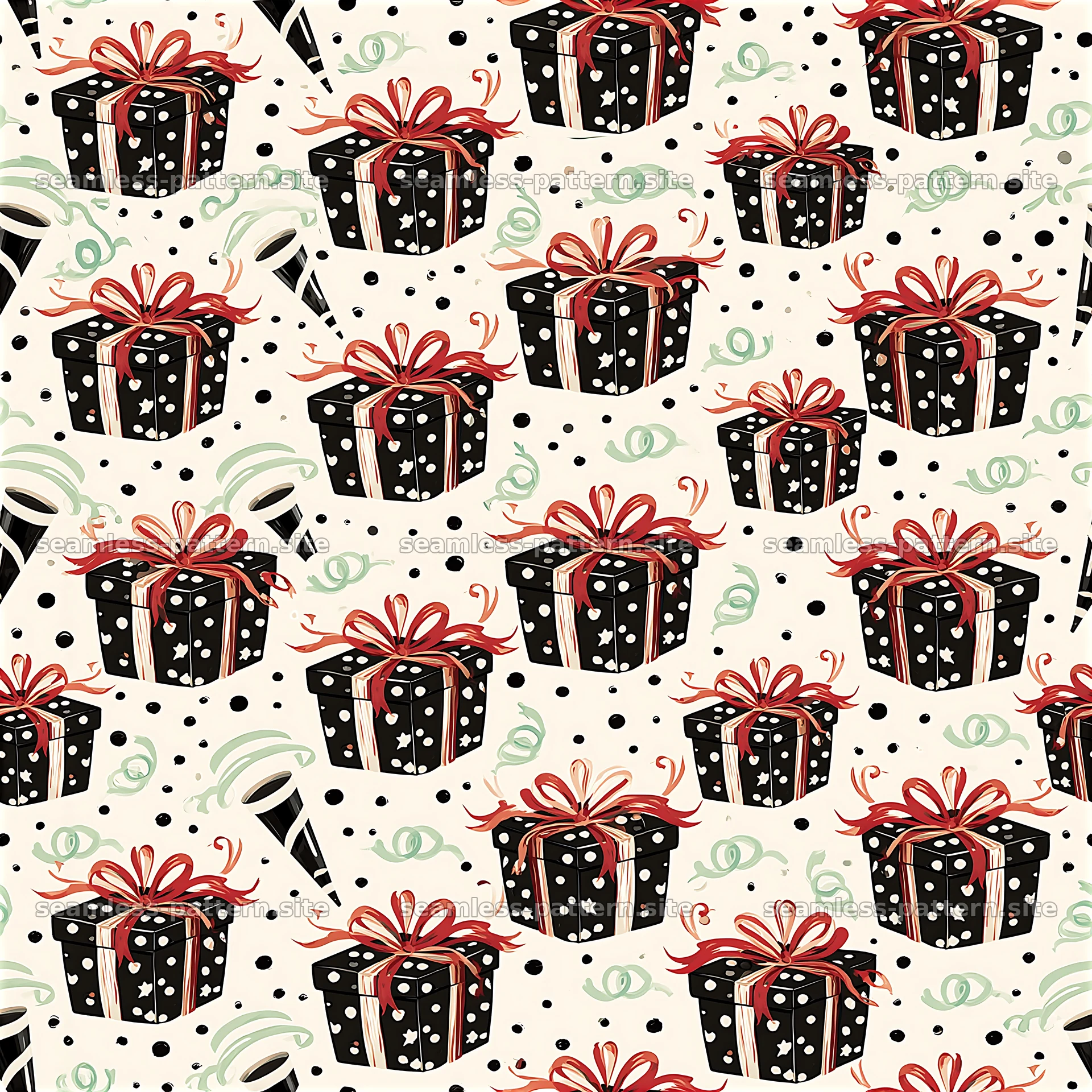 Black and White Gift Box Celebration Seamless Pattern — seamless tileable pattern at 8192x8192