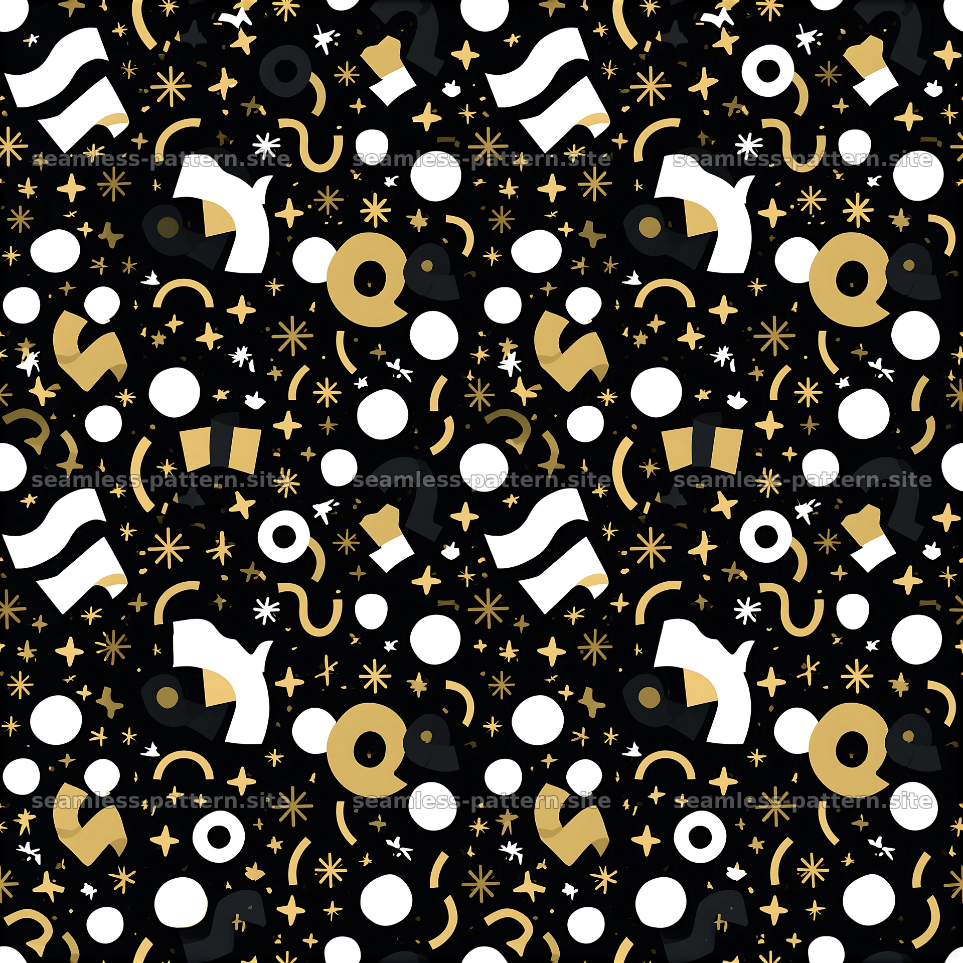 Bold black and gold seamless pattern with various shapes and elements — seamless tileable pattern at 8192x8192