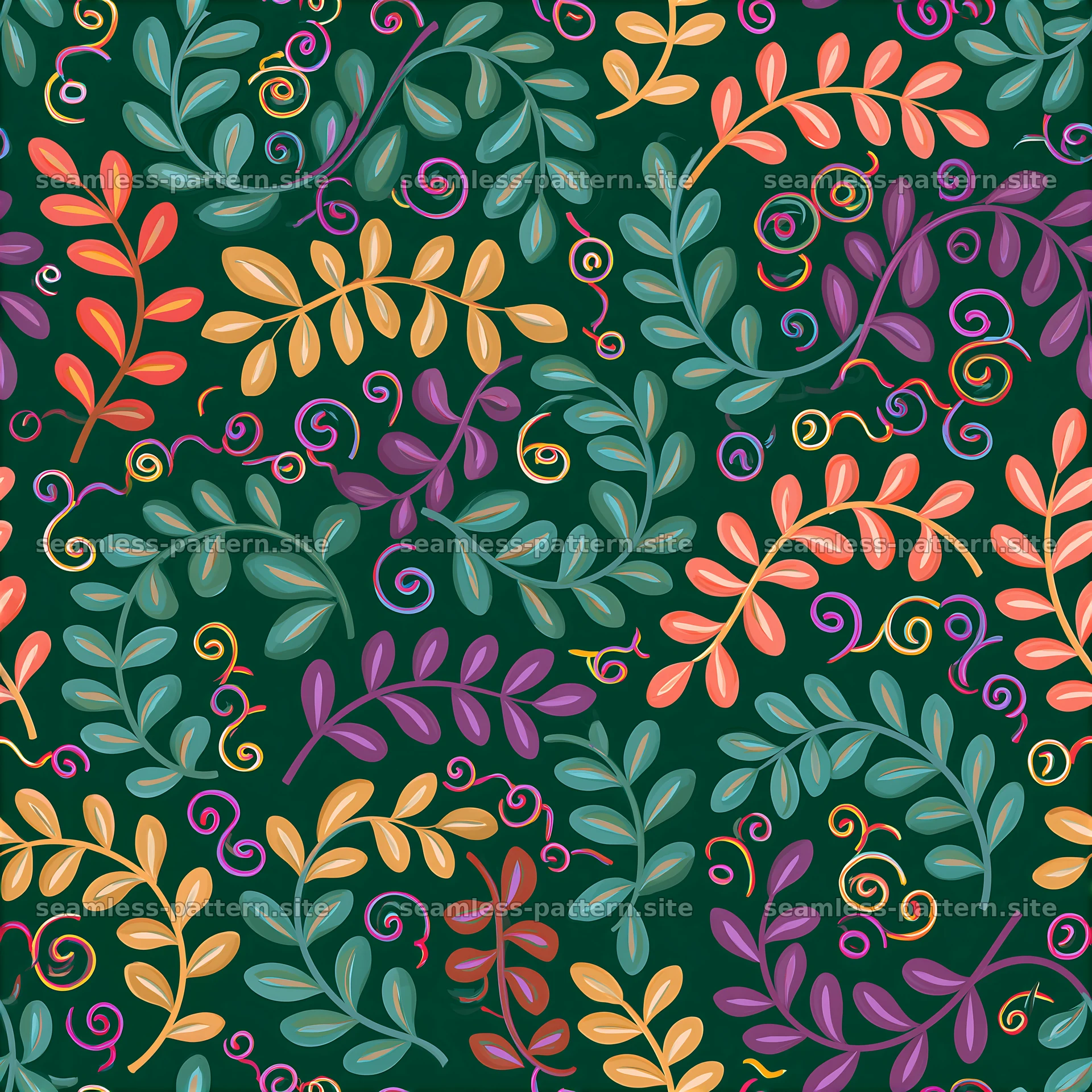 Colorful seamless pattern of abstract vines and leaves — seamless tileable pattern at 8192x8192