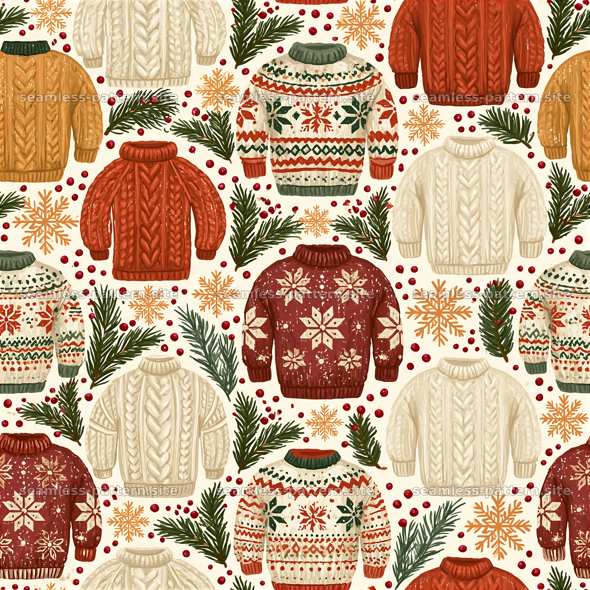 Rustic Christmas Sweater and Snowflake Seamless Pattern — seamless tileable pattern at 8192x8192