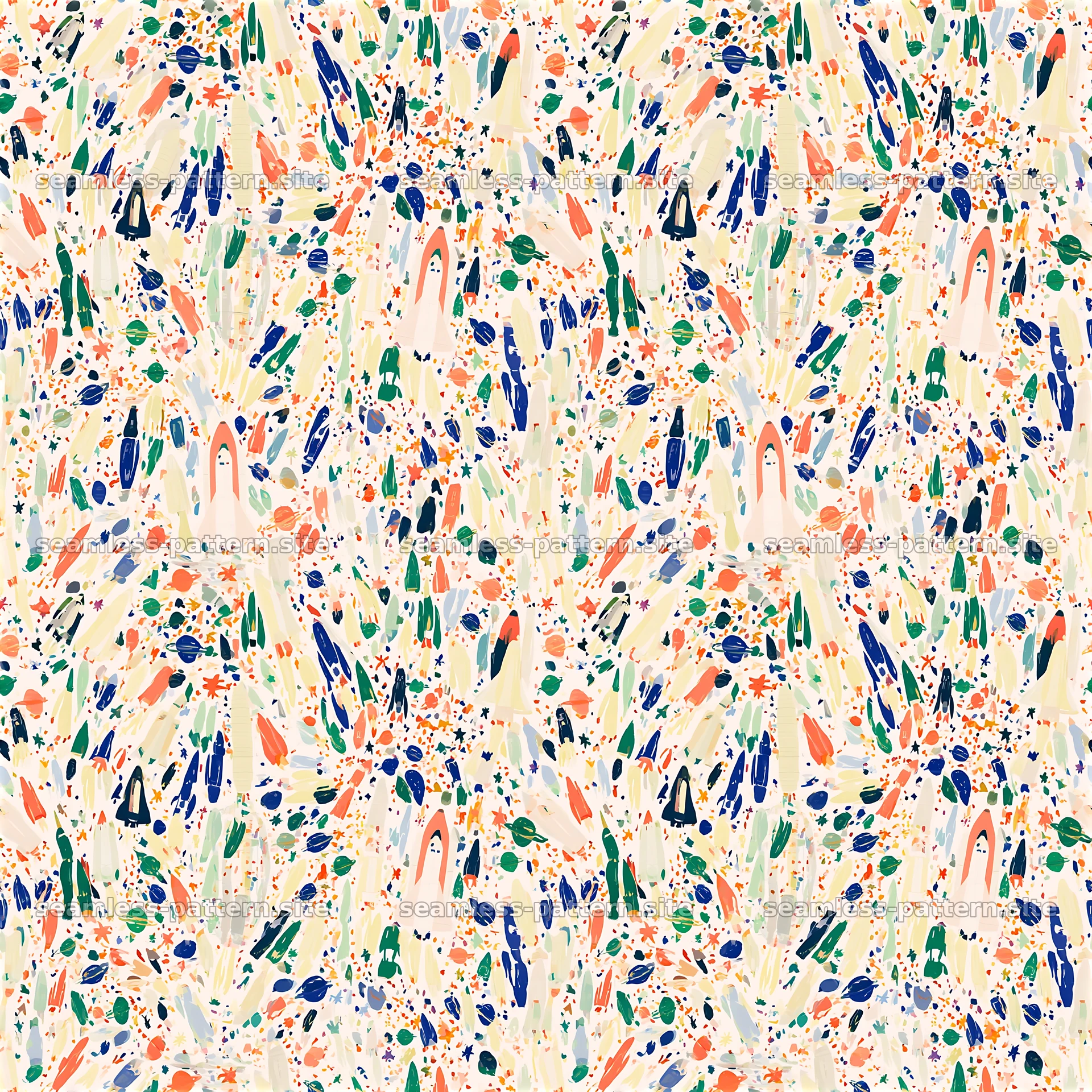 Colorful abstract pattern with scattered shapes and lines — seamless tileable pattern at 8192x8192