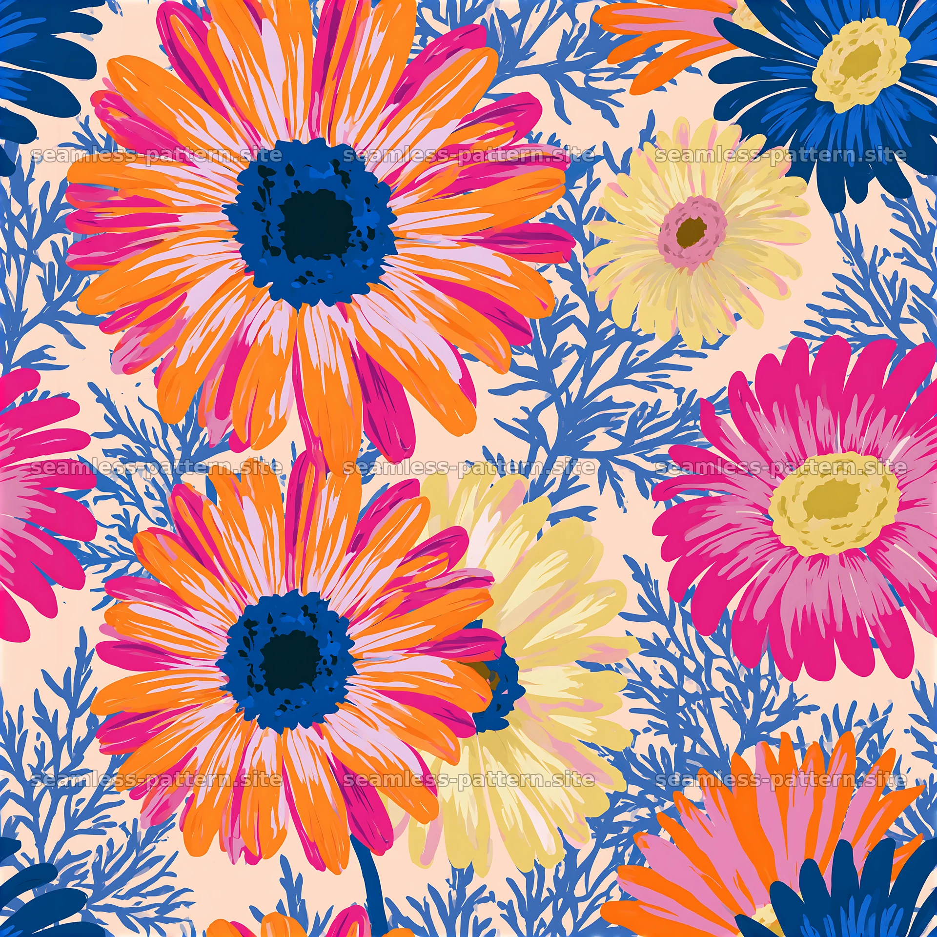 Colorful daisy seamless pattern with bold flowers and vibrant colors — seamless tileable pattern at 8192x8192